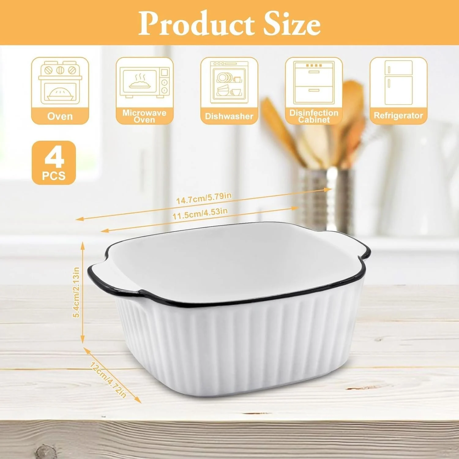 Набор форм для запекания керамических 4 шт. квадратные 14,7 см с ручками черно-белые, фото №2