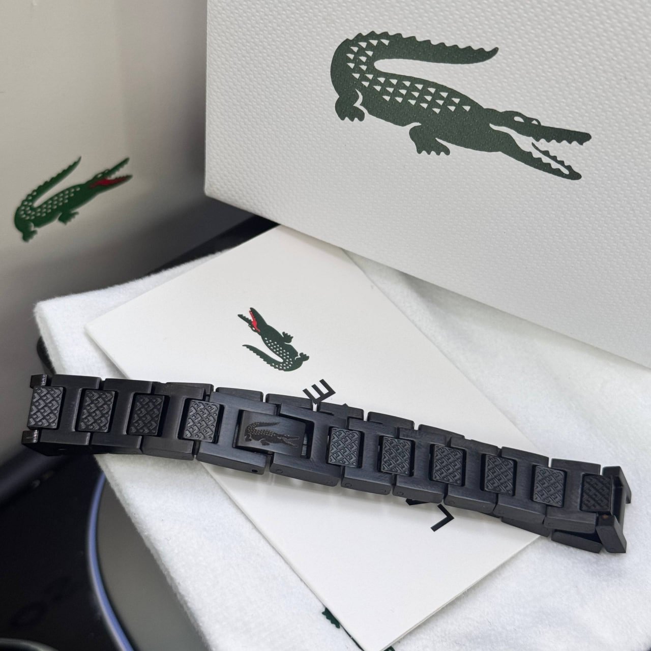 Чоловічий браслет на руку Lacoste чорний брендовий з нержавіючої сталі в подарунковому упакуванні, фото №6