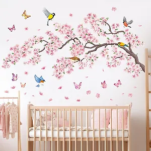 Наклейка на стіну DECOWALL SG2-2427 Рожеві квіти та птах Рожевий synthetic.ua - Фото 1
