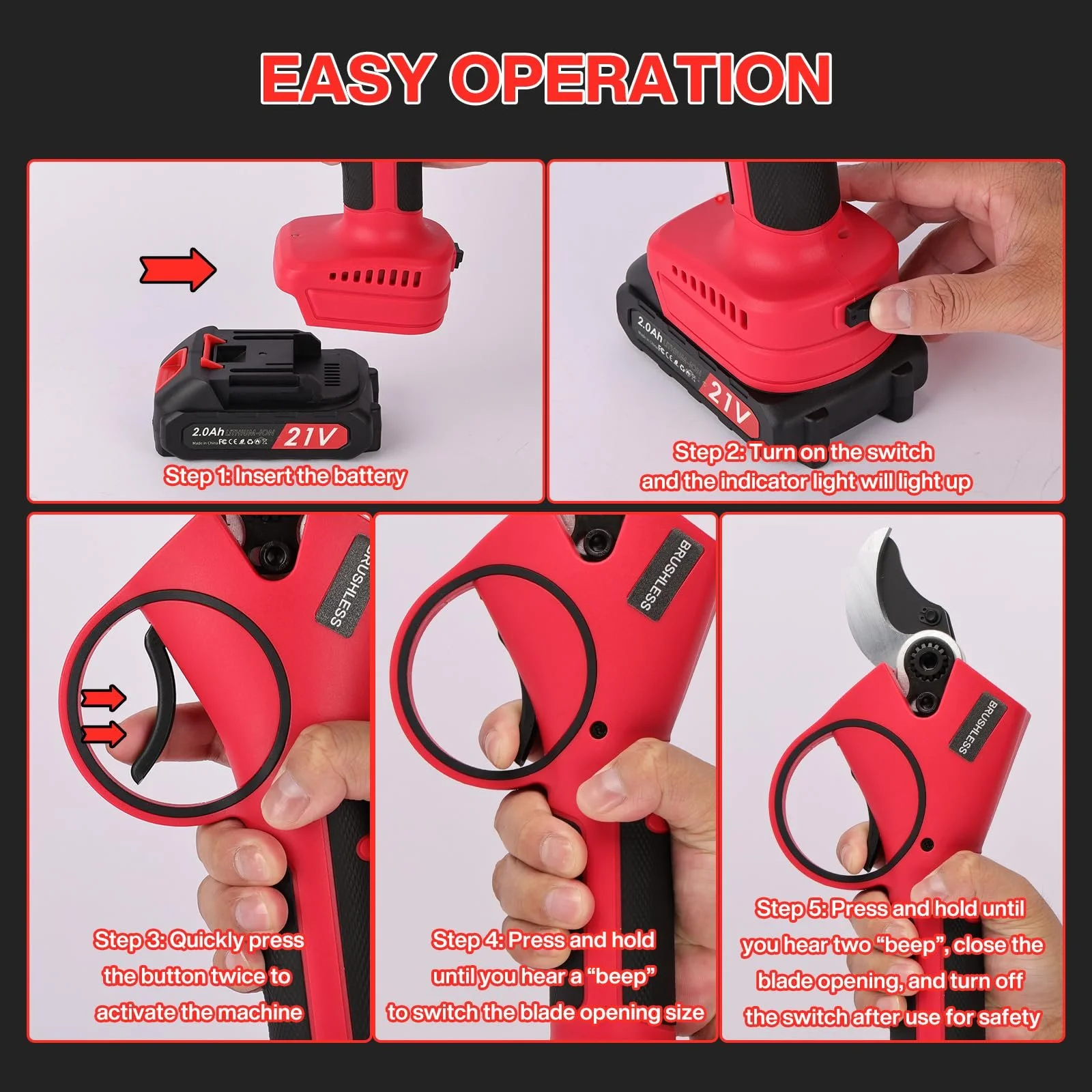 Акумуляторні гілкорізи 40 мм, електричні ножиці для обрізки з акумулятором 2 x 2000 mAh, безщітковий двигун, гостре лезо, садові ножиці для фруктових дерев, червоний, фото №4