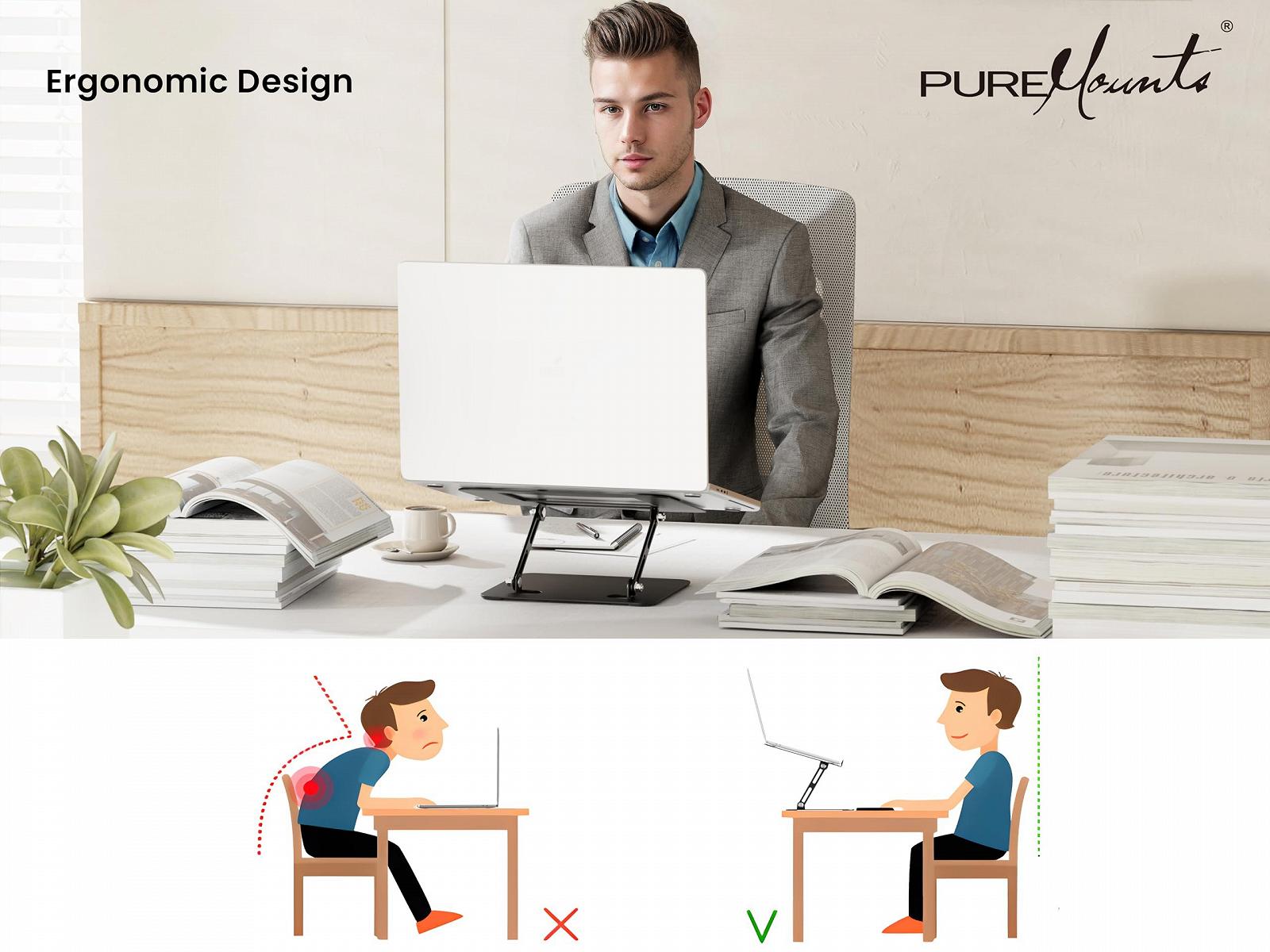 Подставка для ноутбука PureMounts, регулируемая по высоте, складная и эргономичная подставка для ноутбука для домашнего офиса, плавно регулируемая, подставка для ноутбука с вентиляцией, нескользящие накладки, черная, фото №4 Подставка для ноутбука PureMounts, регулируемая по высоте, складная и эргономичная подставка для ноутбука для домашнего офиса, плавно регулируемая, подставка для ноутбука с вентиляцией, нескользящие накладки, черная, фото №4