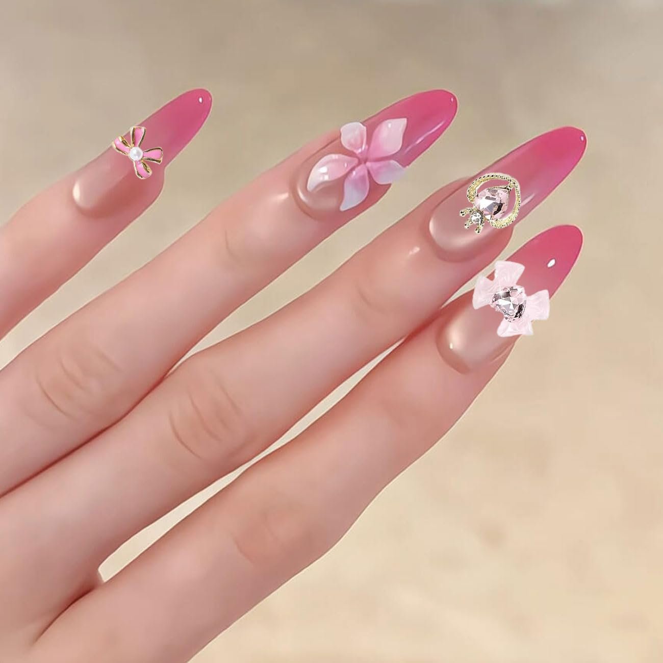 Набір прикрас для нігтів (24 шт.) Квіти Прикраса для нігтів Вишня Зірка Бант Камені Блискітки, фото №5