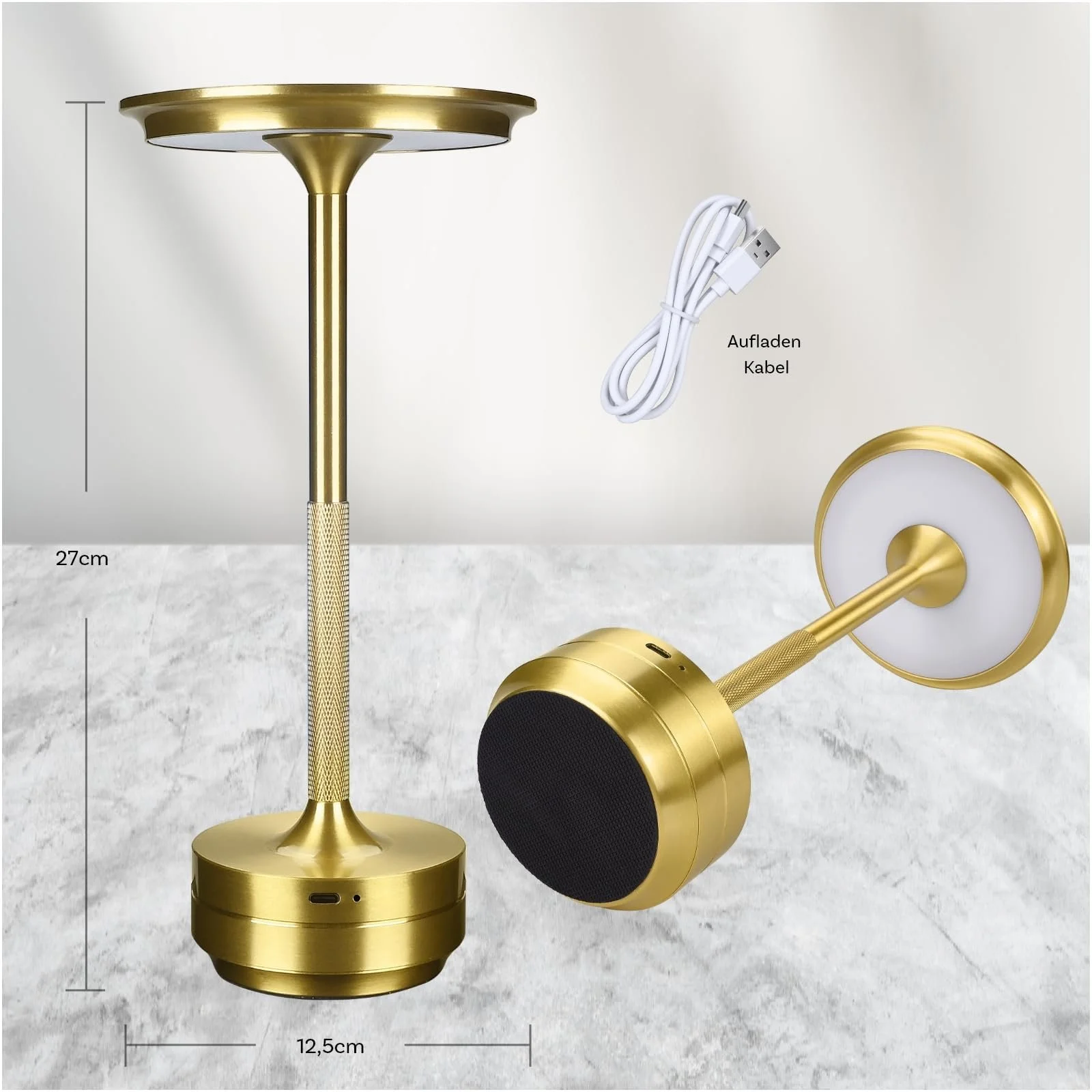 Настільна лампа MMOBIEL бездротова LED кругла металева з акумулятором 1800 мАг USB-C Золота, фото №4
