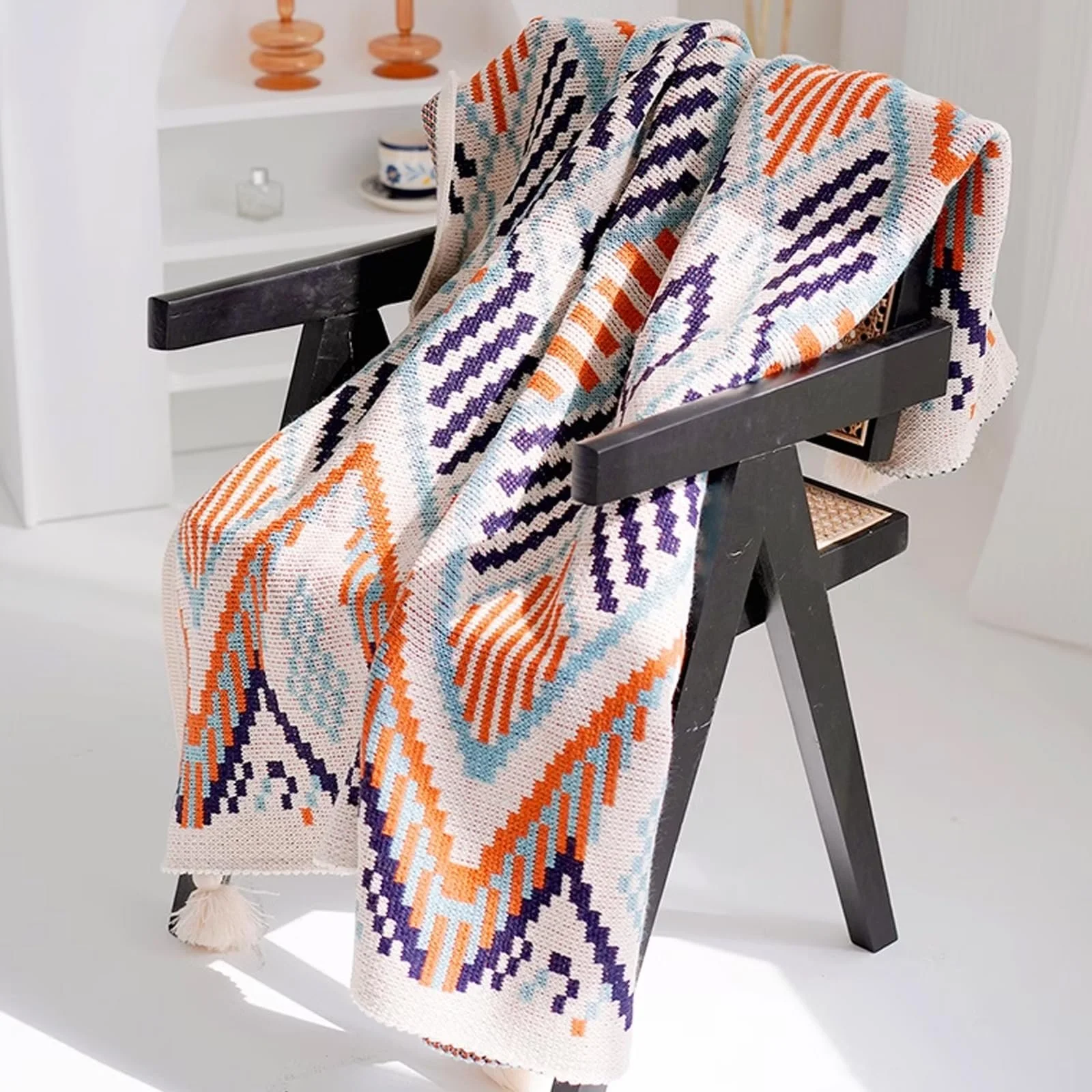 Покривало Balakaka Boho 130 x 170 см, геометричний візерунок, з бахромою, фото №4