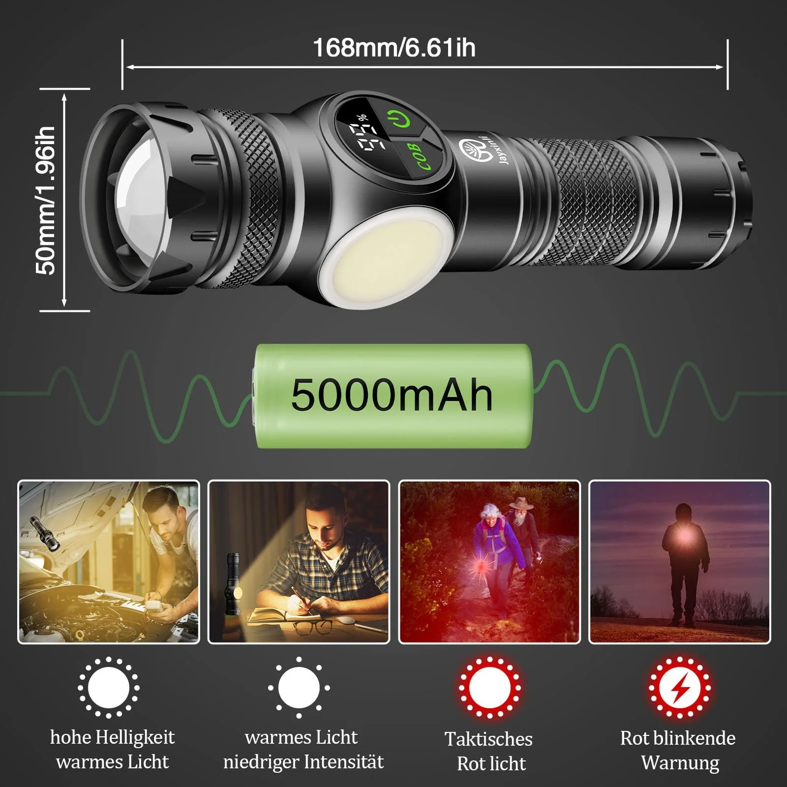 Ліхтар LED Акумуляторний 100 000 Люмен з Магнітом, Надзвичайно Яскраві з Акумулятором 5000 mAh, LCD Дисплей Живлення, 9 Режимів Освітлення, Зум, фото №4