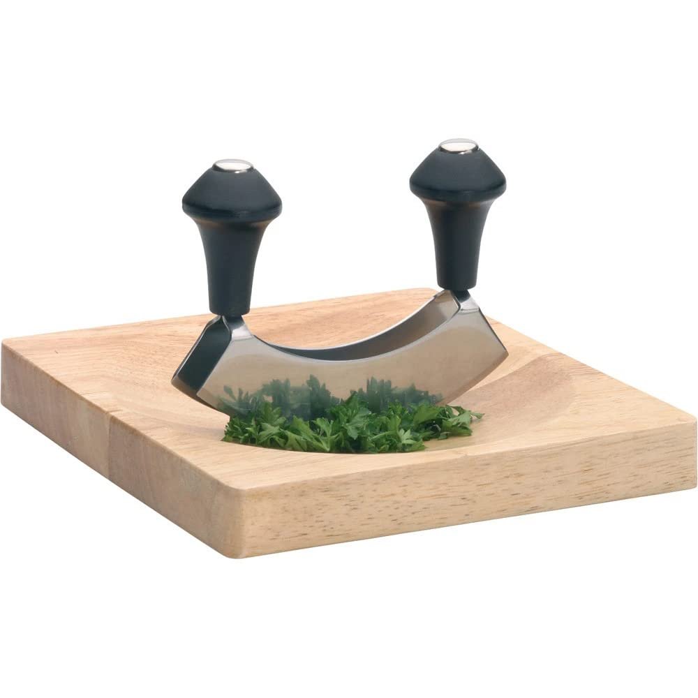 Набір: Ніж KitchenCraft Mezzaluna для подрібнення трав з подвійним лезом і дошка, сріблясто-чорний, фото №1