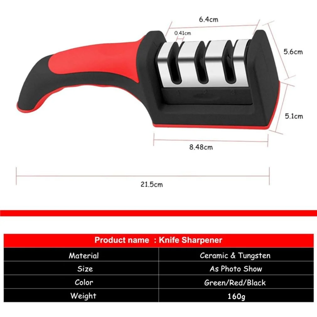 Точилка для ножей ручная профессиональная 3 уровня вольфрамовая сталь алмаз керамический камень для стальных и керамических ножей Black, Red, фото №2