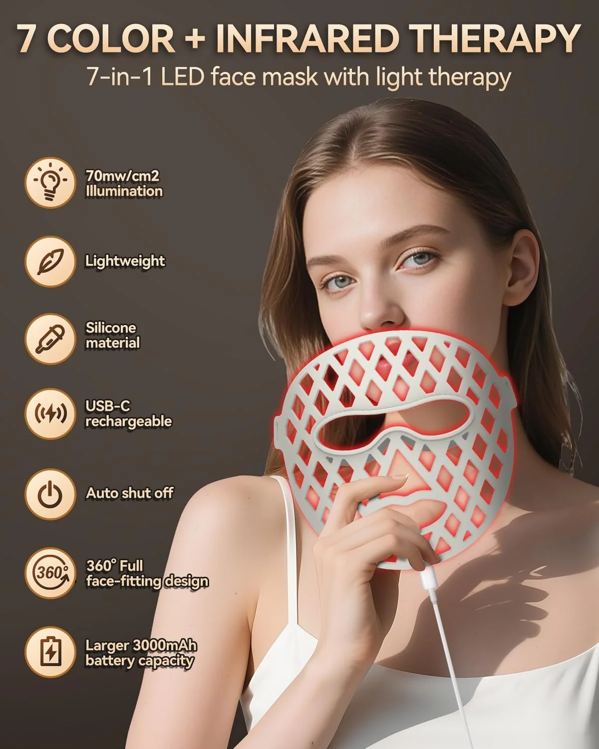 LED Маска KIMTAR для лица, светотерапия красным светом для лица в 7 цветах, 5 уровней яркости, фото №1