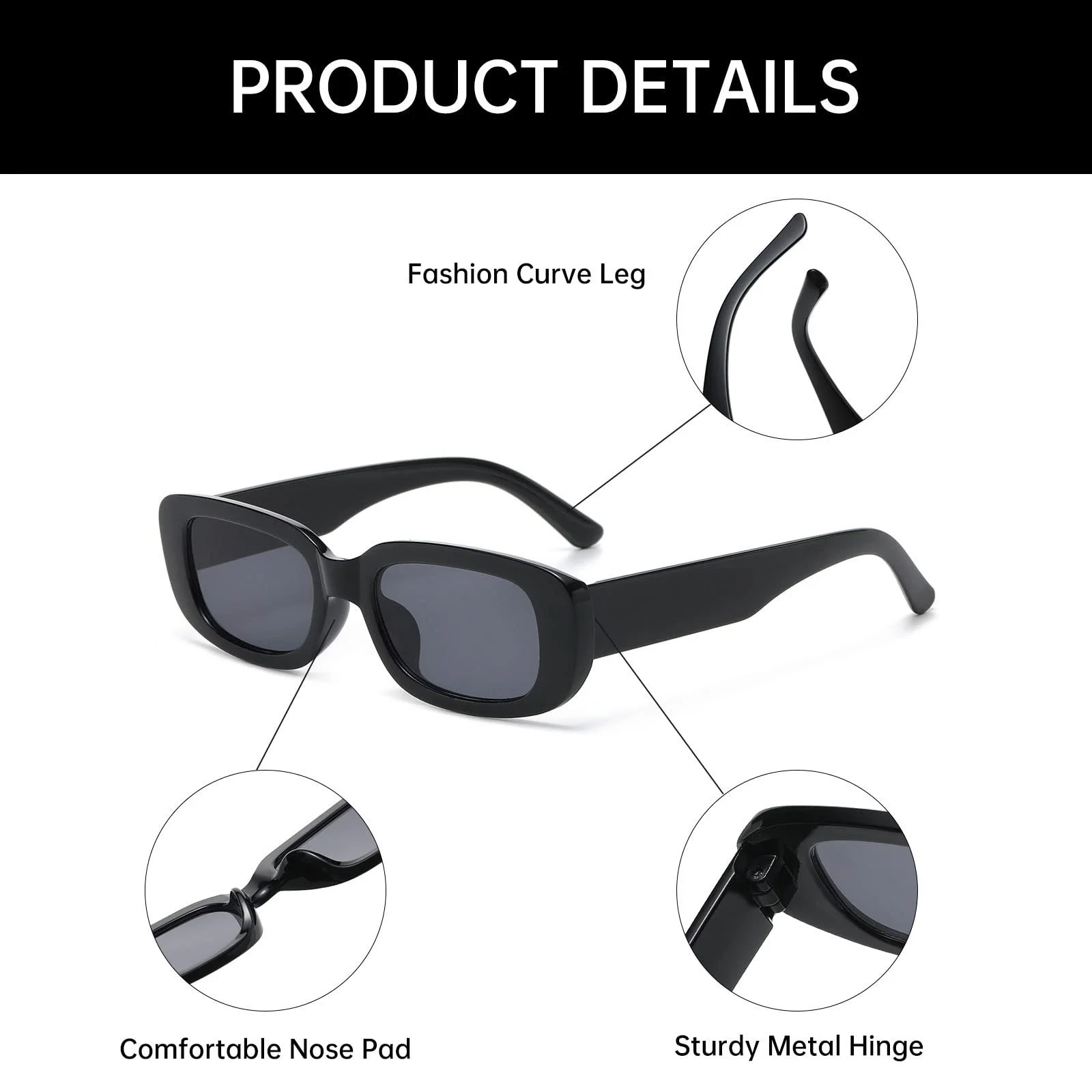 Сонцезахисні окуляри прямокутні YAMEIZE Classic 4 шт., унісекс, ретро 90-х, квадратна оправа, чорні, фото №1