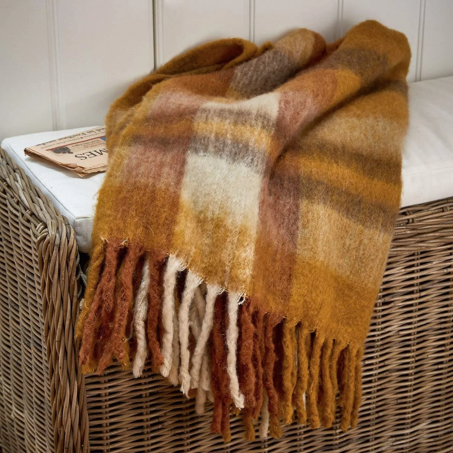 Плед Loberon Alborg Декоративний картатий візерунок з довгою бахромою Тепла гра кольорів Помаранчевий, фото №2