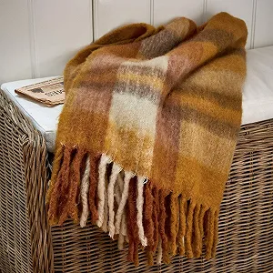 Плед Loberon Alborg Декоративный клетчатый узор с длинной бахромой Теплая игра цветов Домашний текстиль Покрывало Акрил Полиэстер Шерсть Оранжевый synthetic.ua - Фото 1