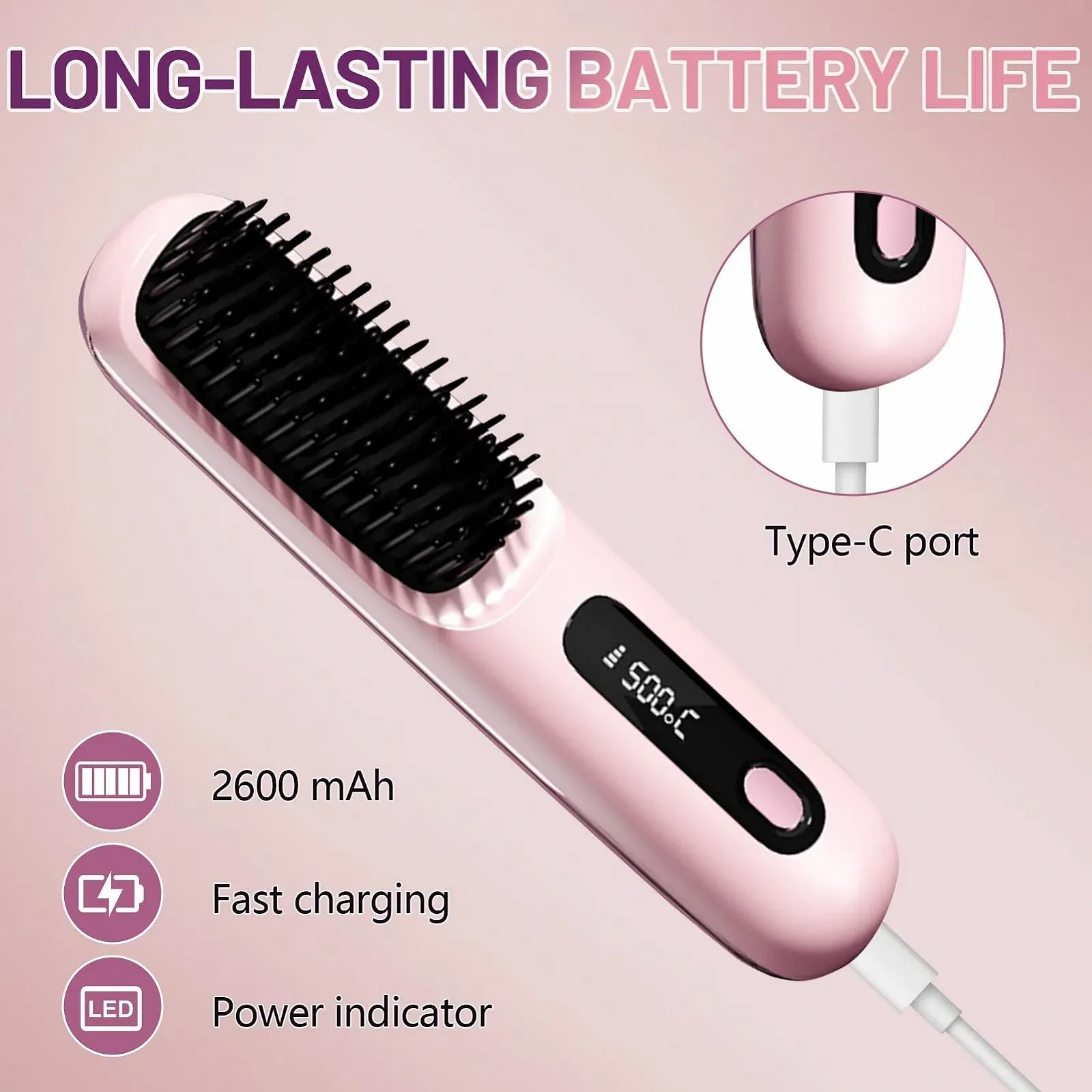 Щетка-выпрямитель для волос Clinora (C) беспроводная электрическая 2000 mAh с ионизацией и LED-дисплеем, фото №5 Щетка-выпрямитель для волос Clinora (C) беспроводная электрическая 2000 mAh с ионизацией и LED-дисплеем, фото №5