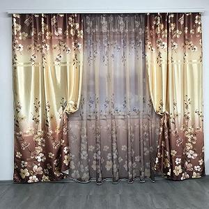 Шторы с цветами плотные атласные 150x270 cm 2 шт тюлем 400x270 1 ALBO Коричневые (SHT-157-3) synthetic.ua - Фото 1