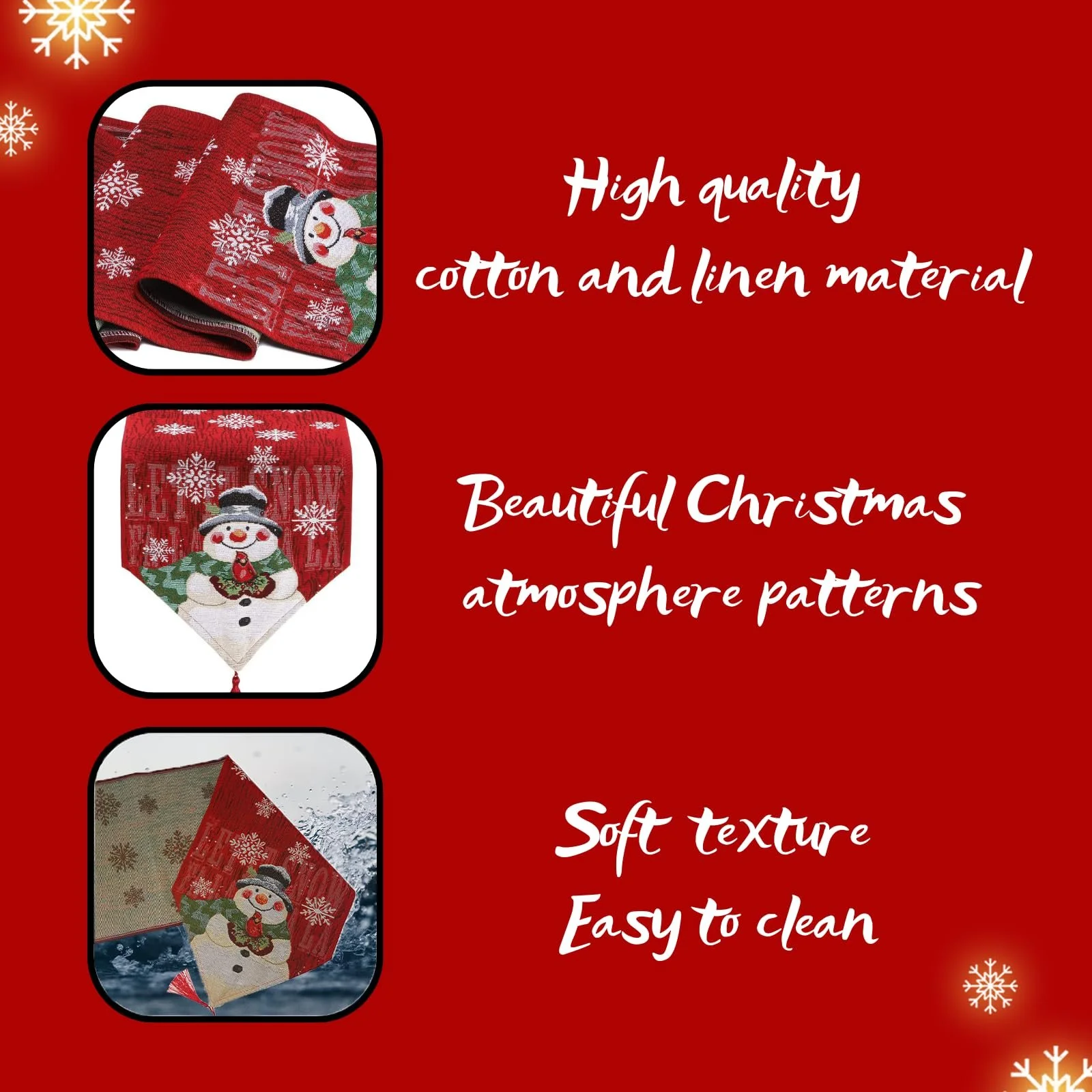 Скатертина-ранер Christmas Snowman Snowflakes Cotton Hemp 33 x 180 см Red, фото №2
