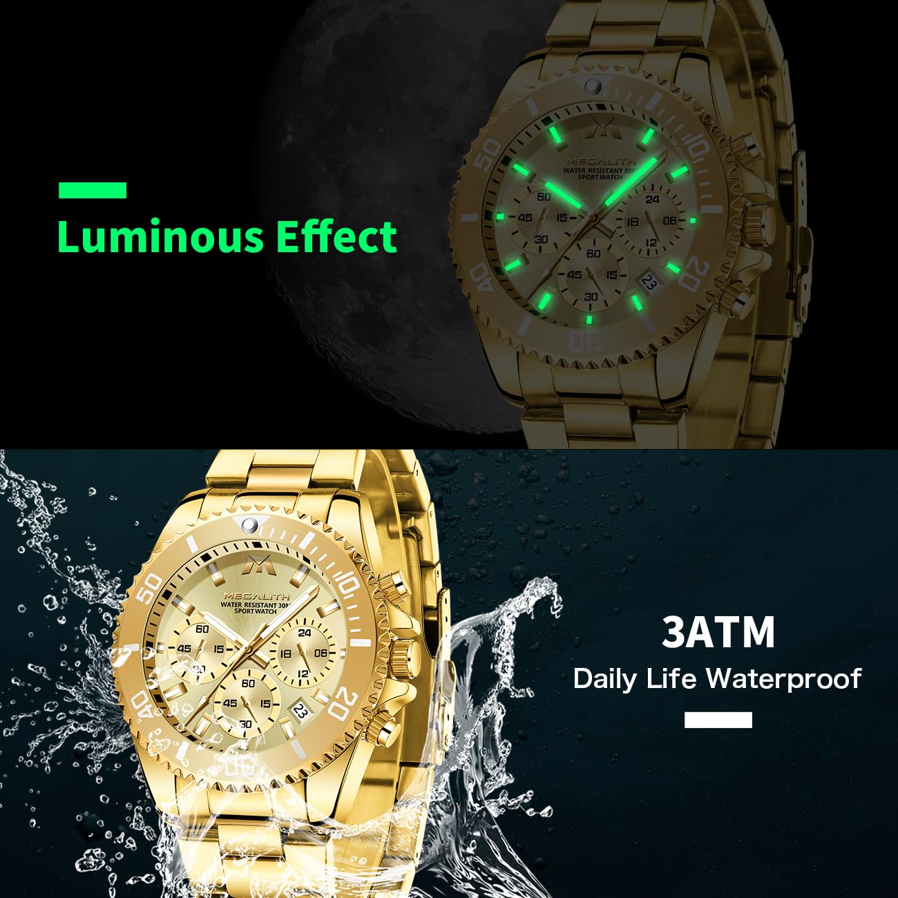 Годинник MEGALITH Чоловічий Хронограф Нержавіюча сталь Золотий 43 мм Водонепроникний Люмінесцентний Анемометр Чоловічий Елегантний Подарунок C2 Золото Нержавіюча сталь, фото №5 Годинник MEGALITH Чоловічий Хронограф Нержавіюча сталь Золотий 43 мм Водонепроникний Люмінесцентний Анемометр Чоловічий Елегантний Подарунок C2 Золото Нержавіюча сталь, фото №5