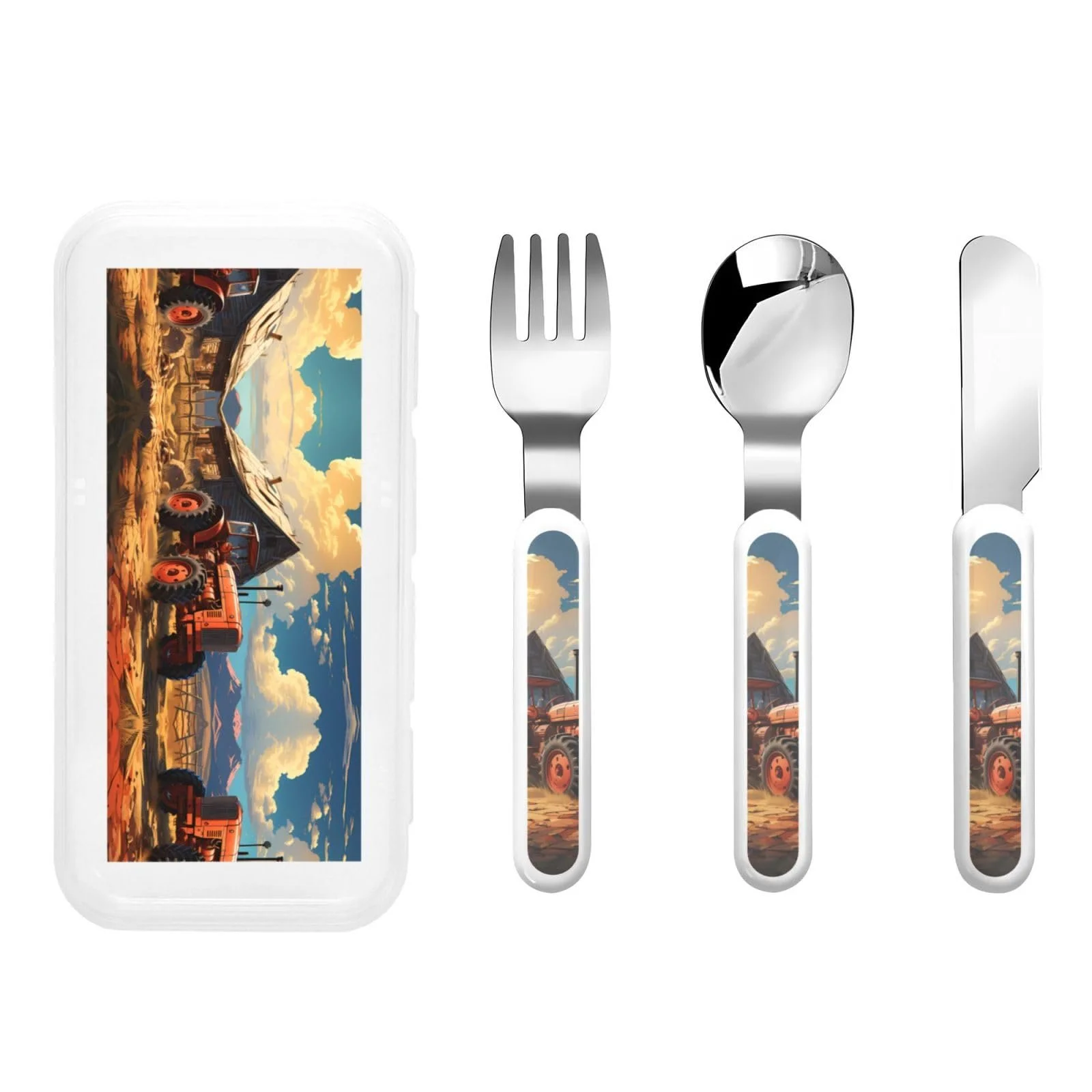 Дитячий набір столових приборів з малюнком Червоного Трактора Ферми, три предмети, багаторазовий, фото №1 Дитячий набір столових приборів з малюнком Червоного Трактора Ферми, три предмети, багаторазовий, фото №1