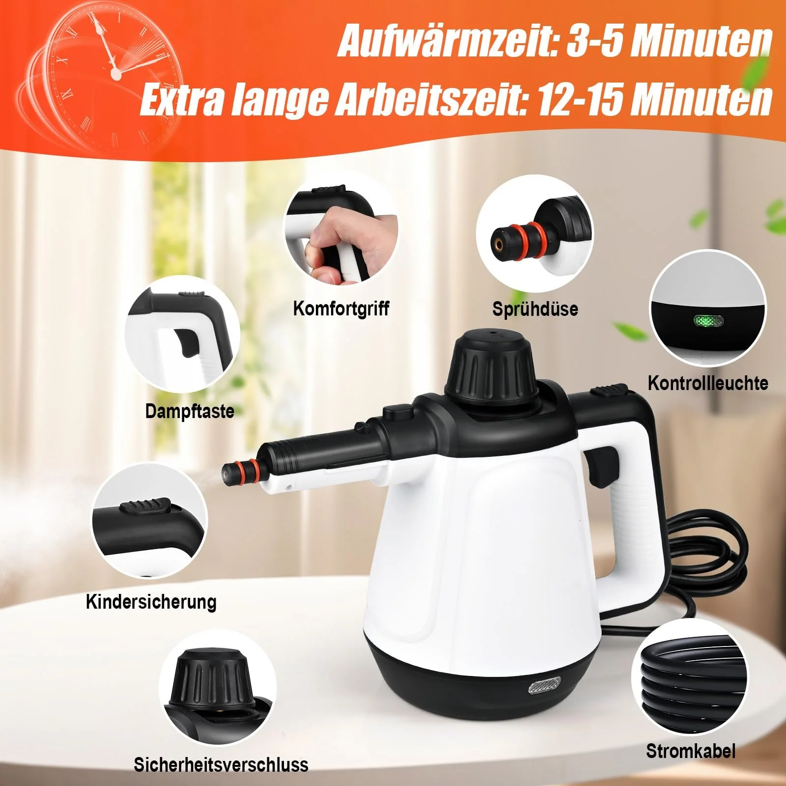 Пароочисник 430 мл 1200 Вт 3.5 бар з 9 насадками та підсвіткою, фото №3 Пароочисник 430 мл 1200 Вт 3.5 бар з 9 насадками та підсвіткою, фото №3