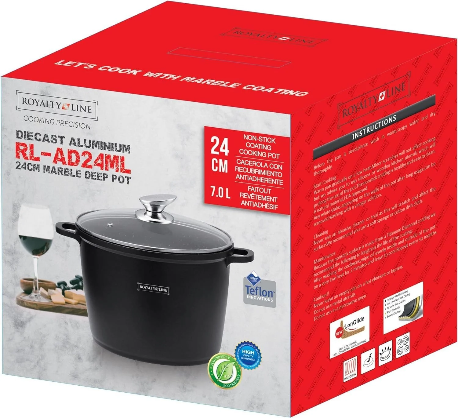 Кастрюля Royalty Line RL-AD24M высокая, антипригарная, со стеклянной крышкой, для индукции, черная, 7 л, 24 см, фото №4