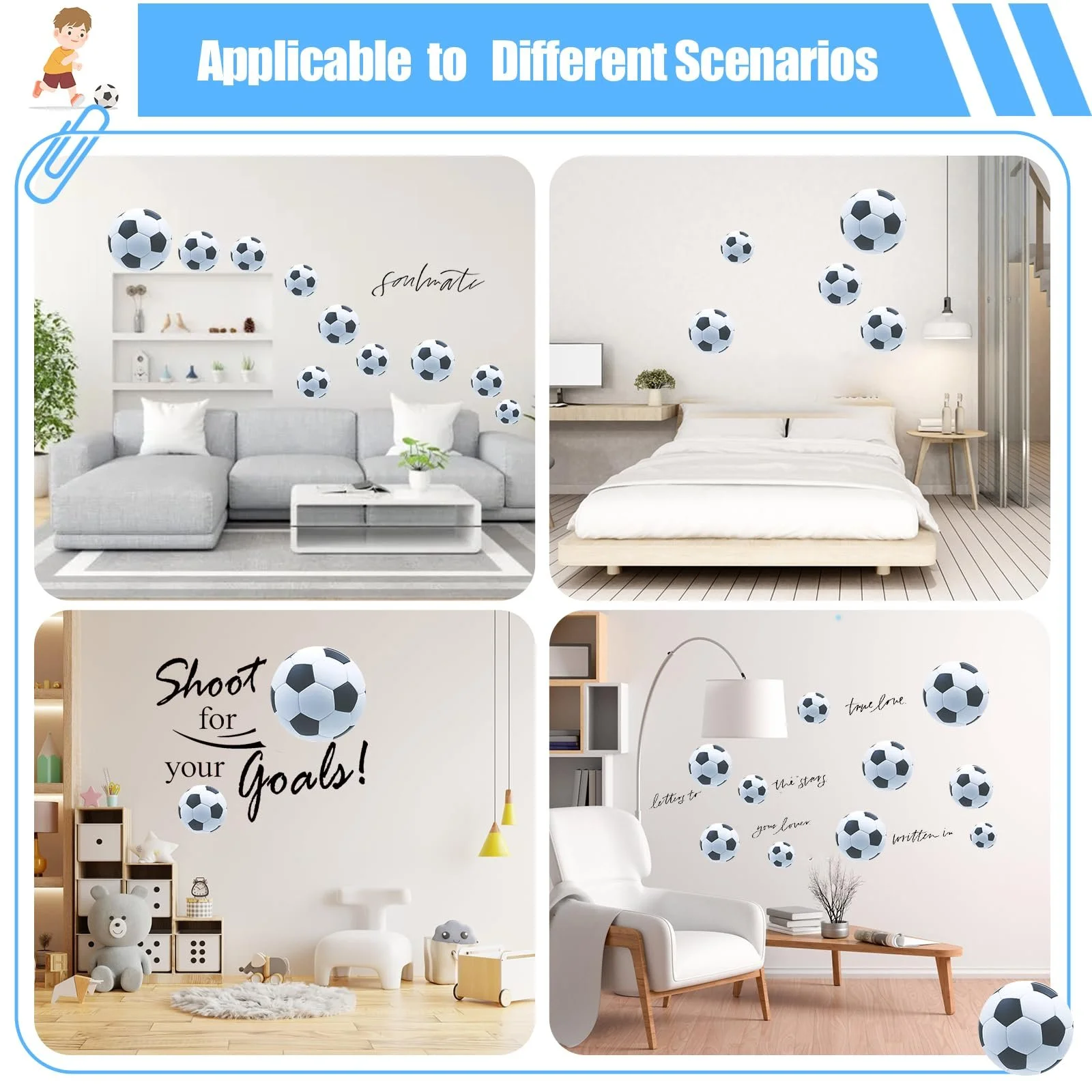 Наклейки на стену Футбольные мячи Набор 4 листа 20 x 30 см Самоклеящиеся Разные размеры, фото №6