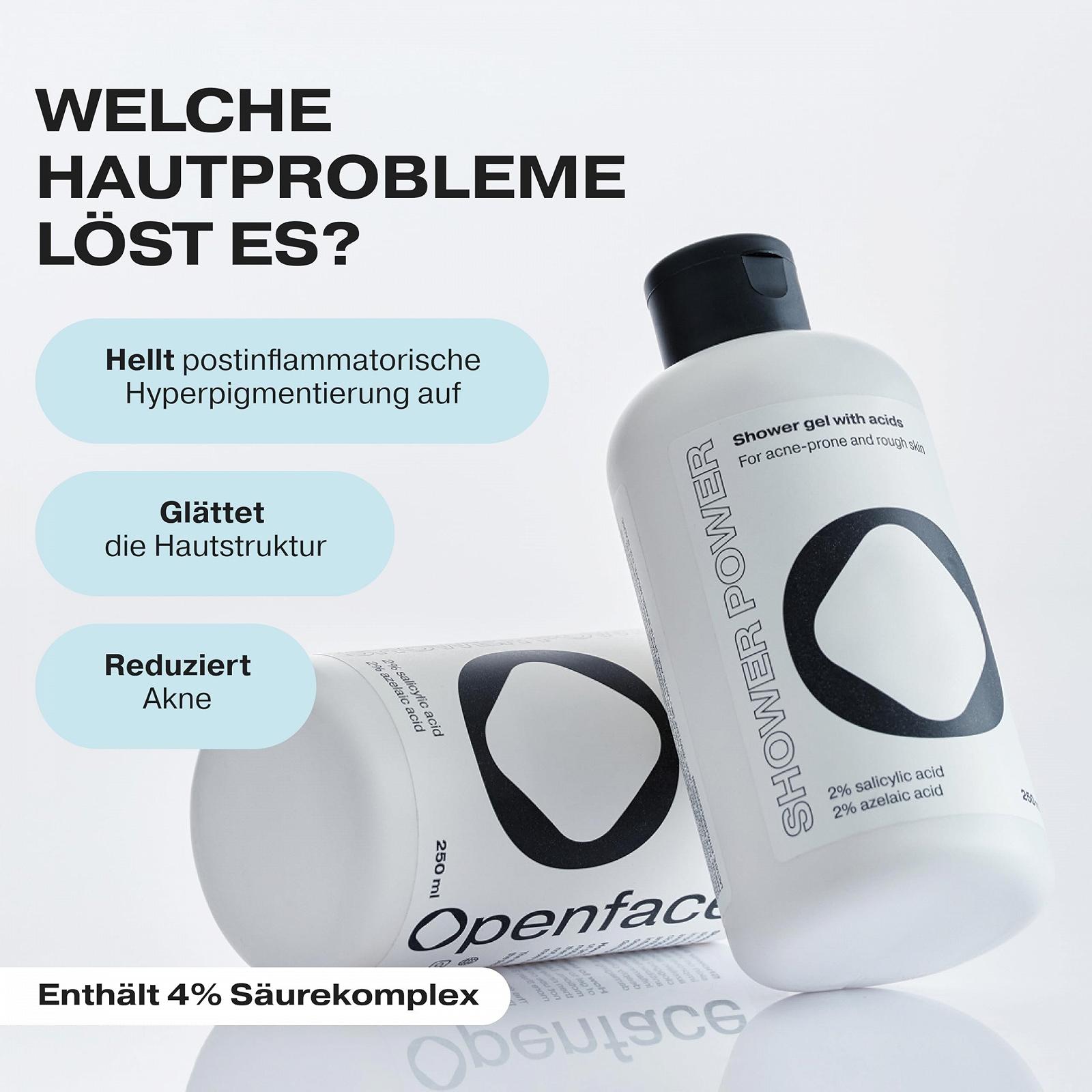 Гель для душу Openface Shower Power Body Wash 2% саліцилова кислота + 2% азелаїнова кислота pH 4.5 250 мл, фото №3 Гель для душу Openface Shower Power Body Wash 2% саліцилова кислота + 2% азелаїнова кислота pH 4.5 250 мл, фото №3