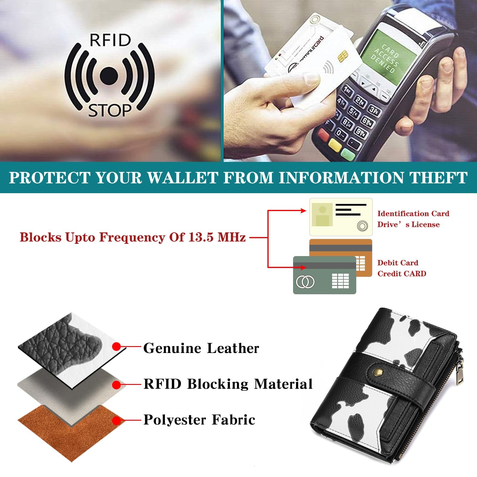 Кошелек SENDEFN Женский Кожаный RFID защита Черный, фото №5
