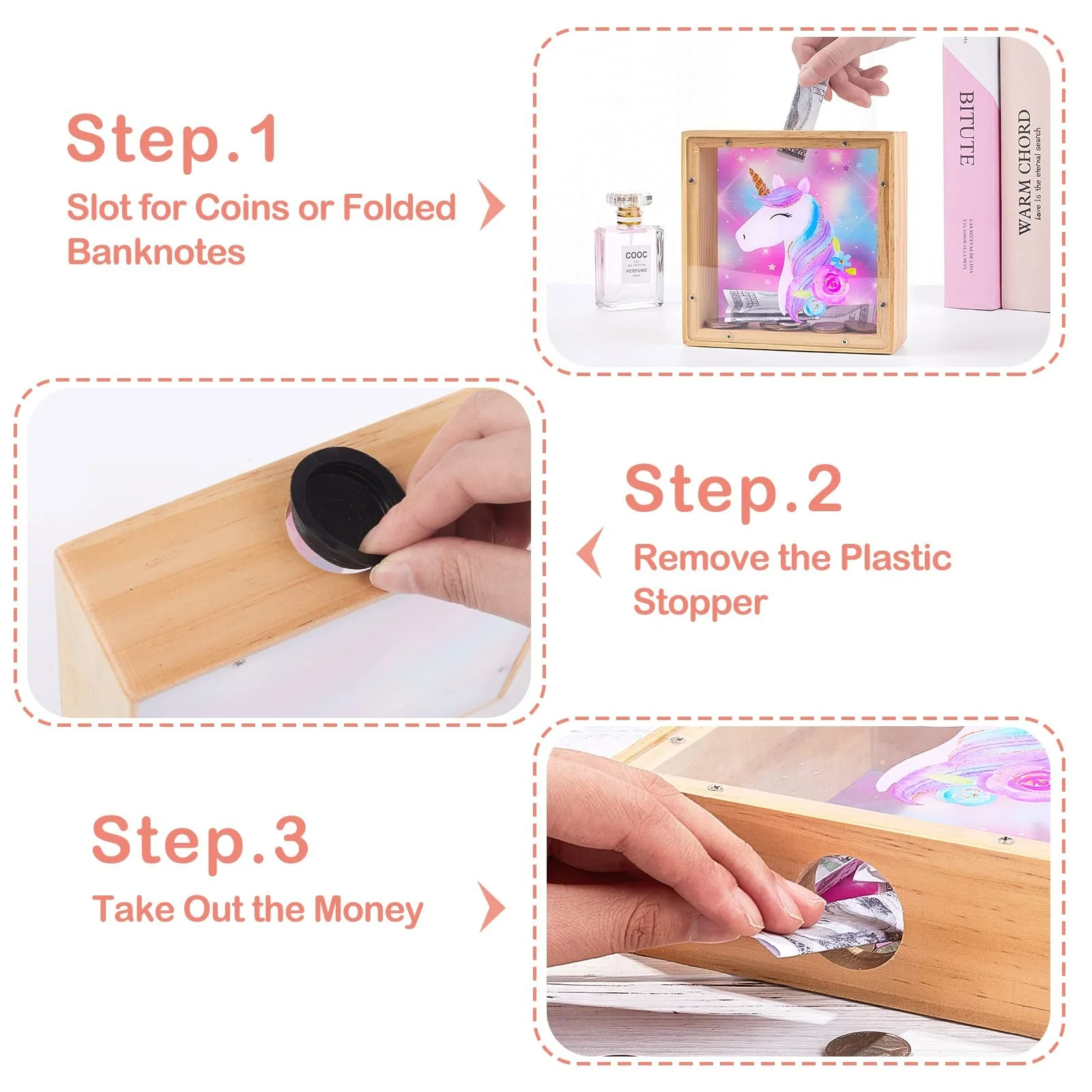 Скарбничка Beinou Єдиноріг дерев'яна з акрилом та наклейками-літерами, фото №4