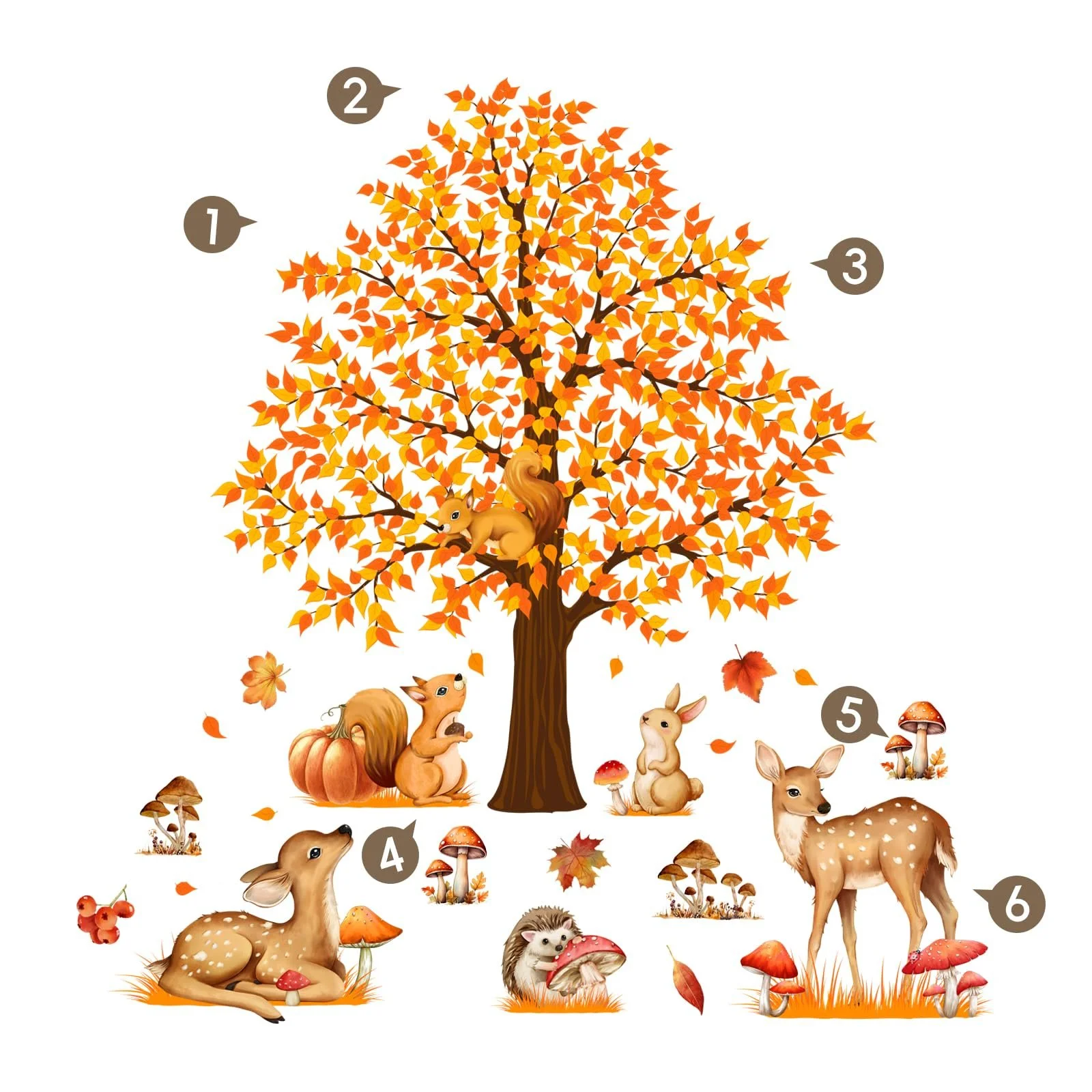 Наклейка на стіну Лісові тварини Олень, білка, їжак, гриби Для дитячої кімнати ПВХ Матова, фото №8