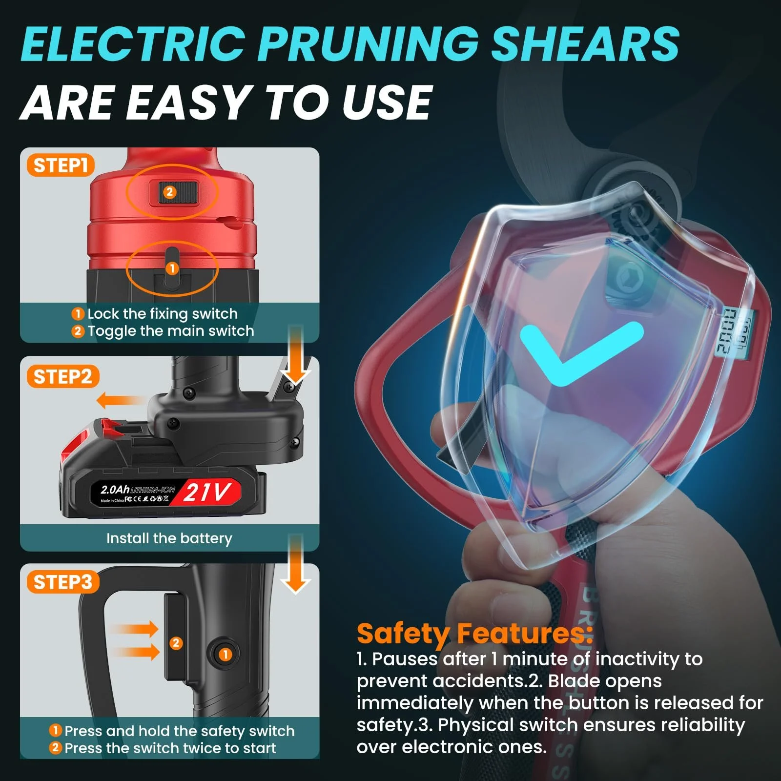 Акумуляторний сучкоріз 2-в-1 з телескопічною штангою 50 мм з 2 акумуляторами 21 В 2000 мАг, РК-дисплеєм, подовженням 2,5 м, 6-10 годинами роботи, безщітковим двигуном, фото №7