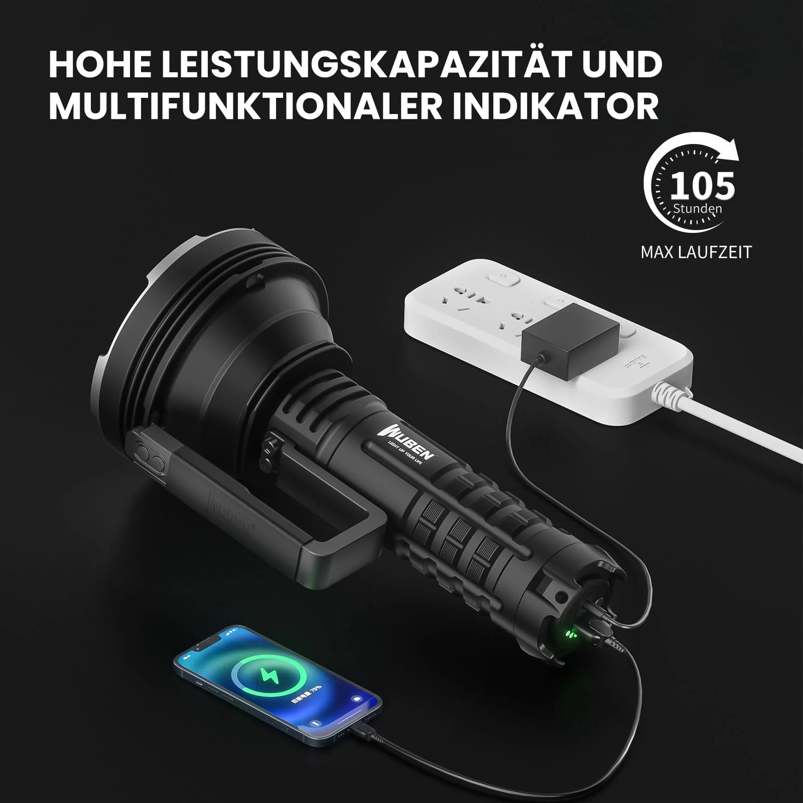 Ліхтар WUBEN A1 Перезаряджуваний 20000 Люмен 2000 м Далекобійний Пошуковий ліхтар з дистанційним керуванням, 8 режимів Швидка зарядка, Розрядка, Інтелектуальний контроль температури, фото №5