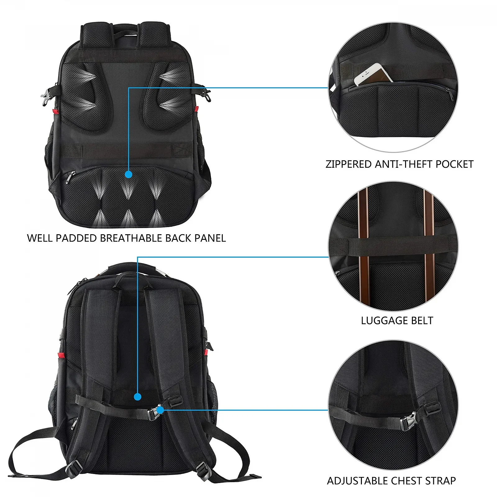 Рюкзак для ноутбука KROSER 17.3" Travel XL Business Daypack Heavy Duty Водонепроницаемый с RFID Черный, фото №6 Рюкзак для ноутбука KROSER 17.3" Travel XL Business Daypack Heavy Duty Водонепроницаемый с RFID Черный, фото №6
