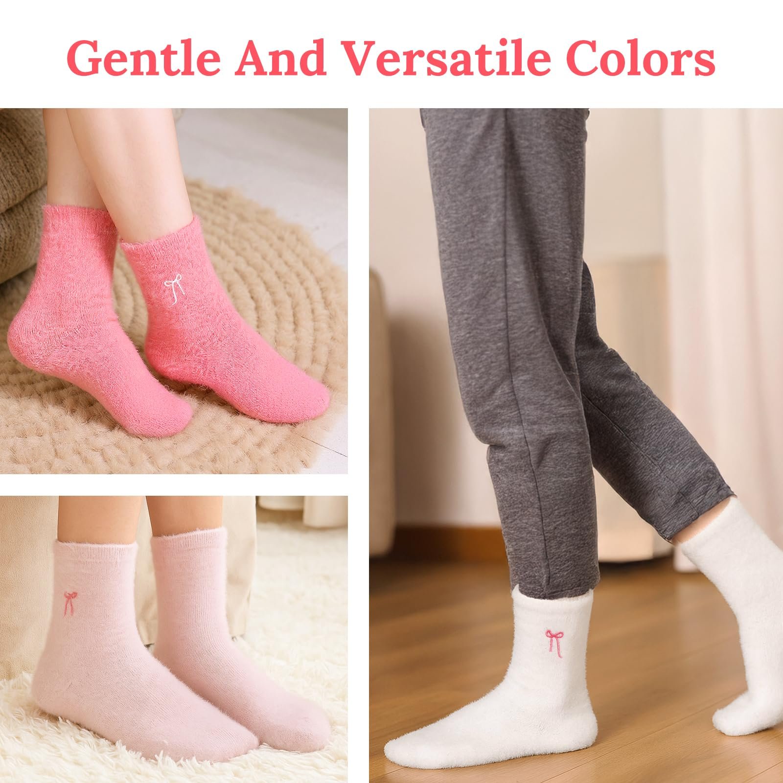 Носки Abeillo, 4 пары, Мягкие пушистые зимние носки, Теплые домашние носки из кораллового флиса, Милые удобные носки с бантом для зимы, фото №5