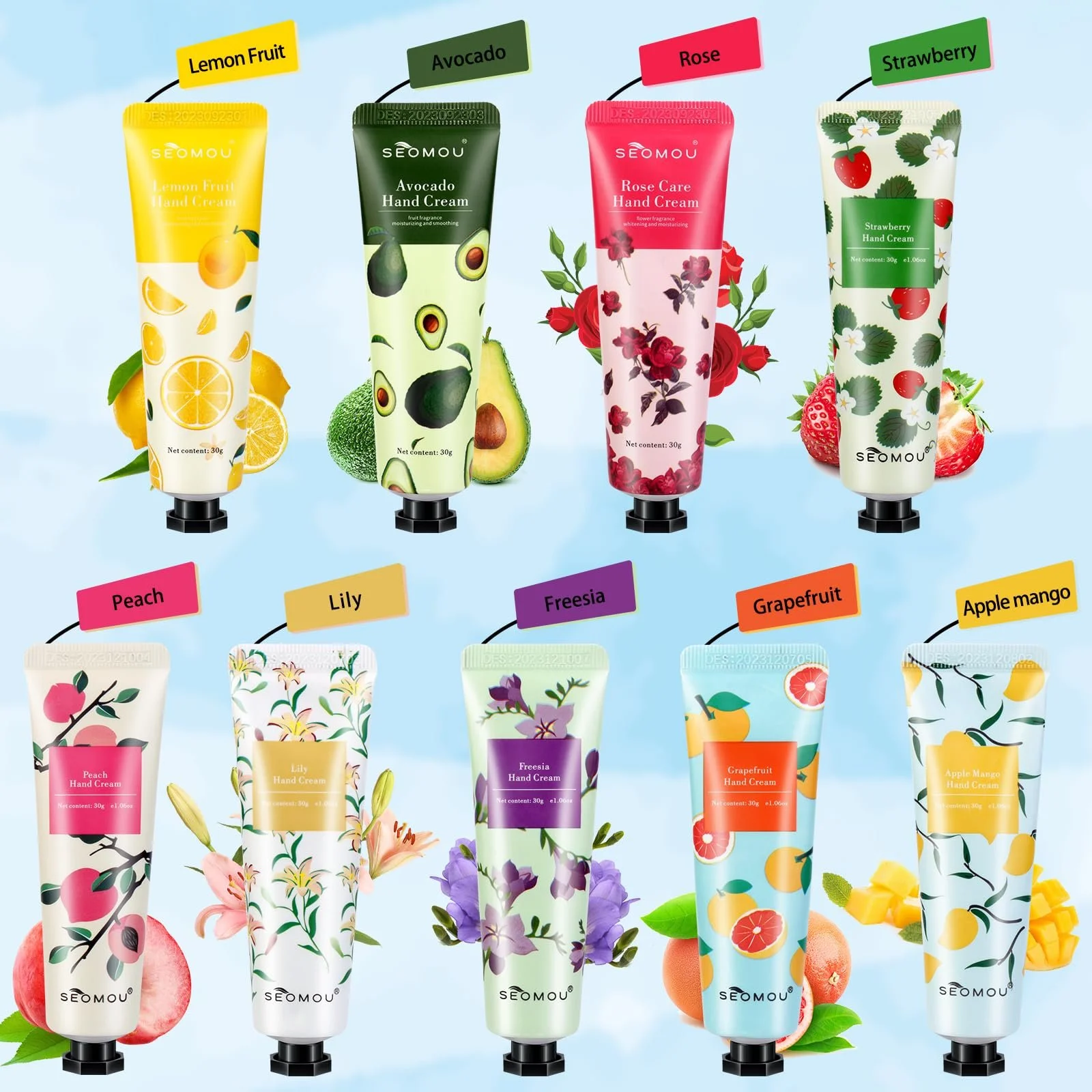Крем для рук Набір для жінок 18 шт. Авокадо Лимон Троянда Полуниця Персик Лілія Фрезія Грейпфрут Яблуко-манго, фото №2