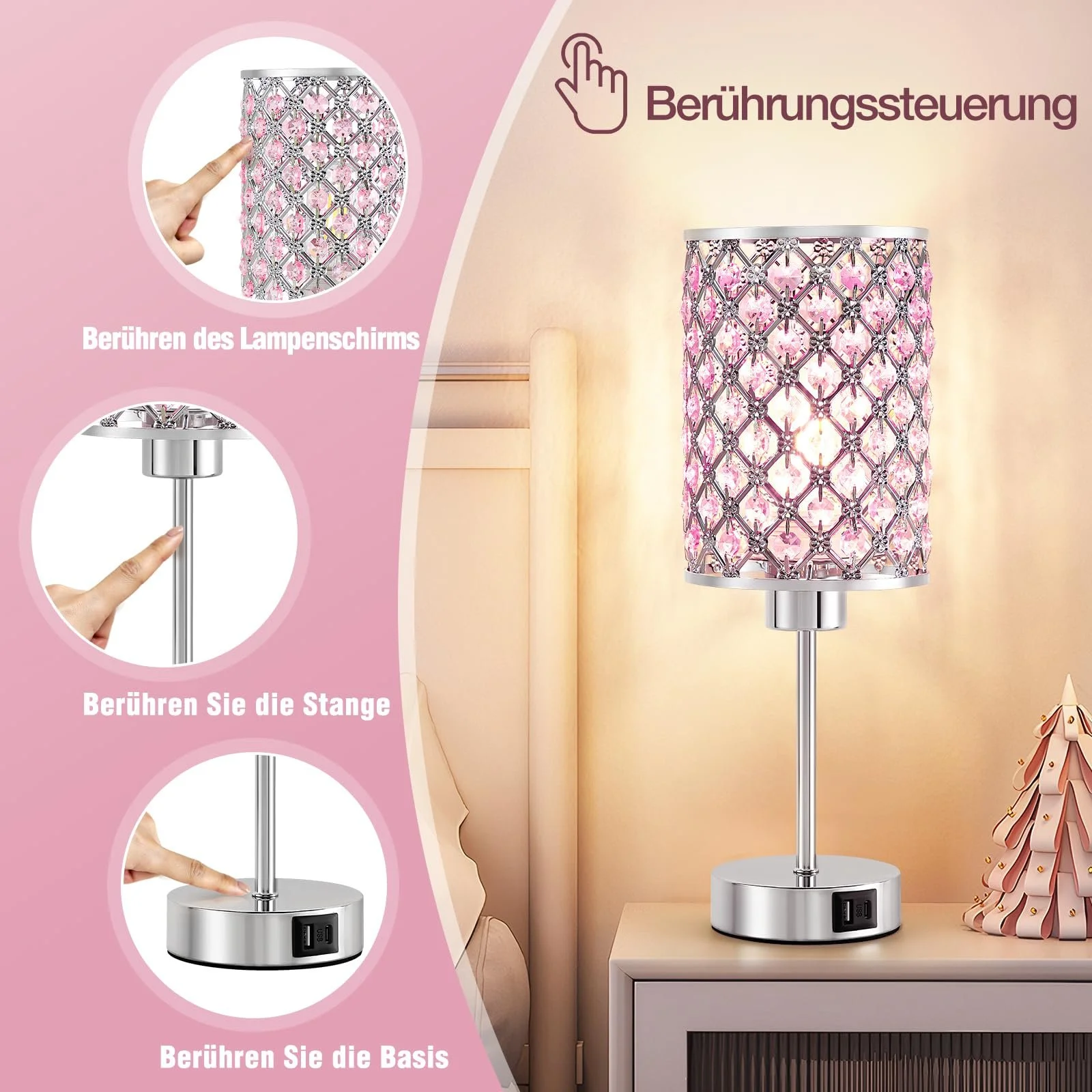 Настільна лампа GyroVu Кришталева Сенсорна з USB A+C портами Димована (лампа в комплекті) Рожевий, фото №5