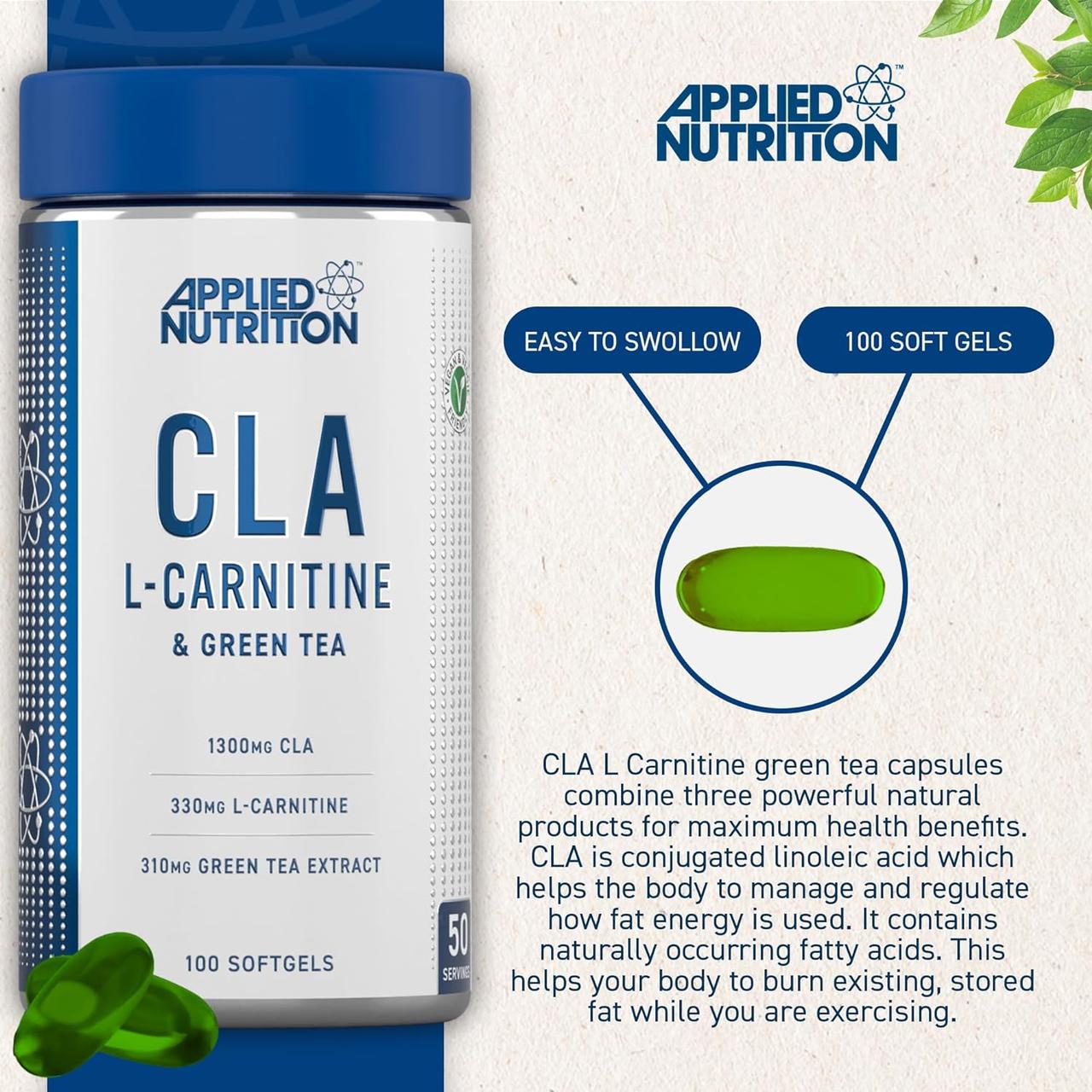 Комплексный жиросжигатель Applied Nutrition CLA L-Carnitine Green Tea 100 Veggie Softgels, фото №3