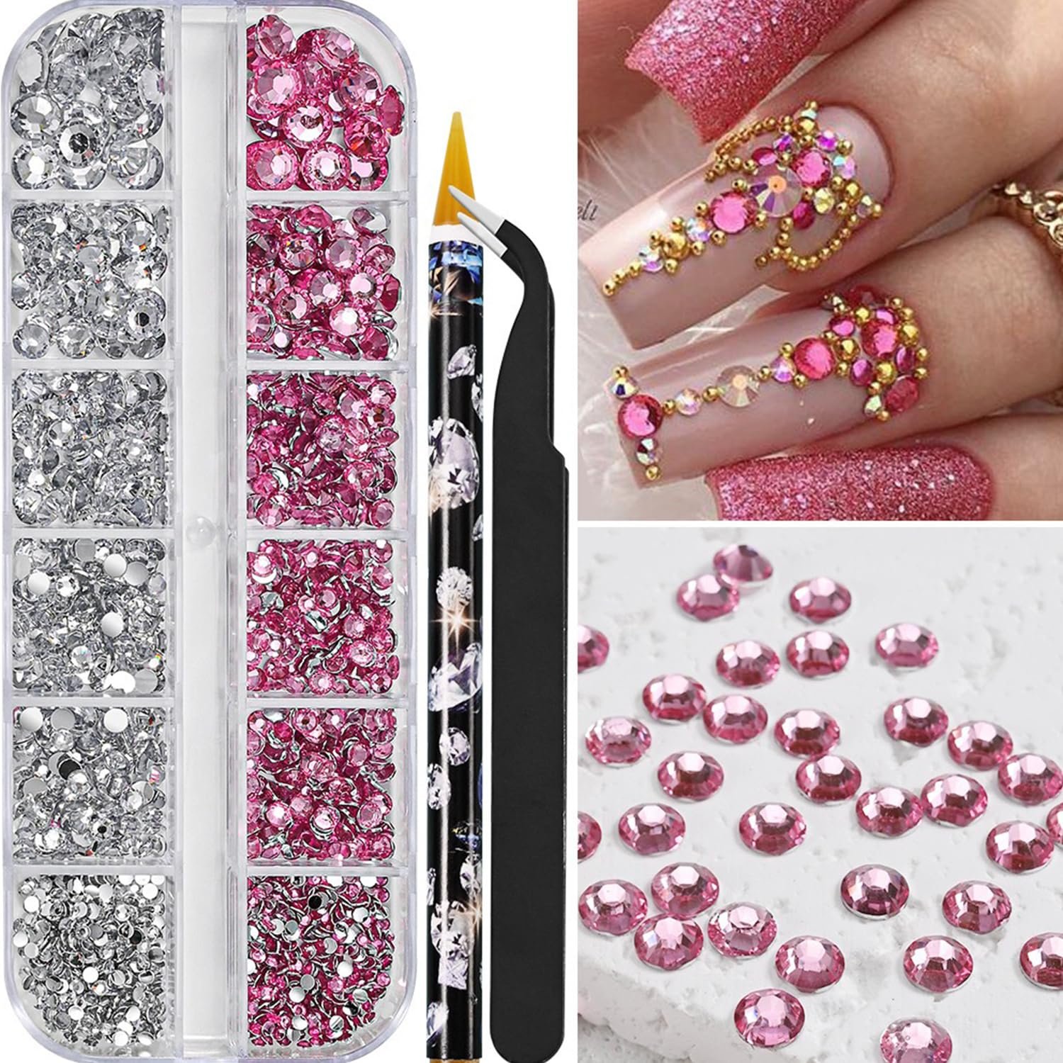 Стразы для ногтей 5 размеров, розовые и прозрачные, фото №2