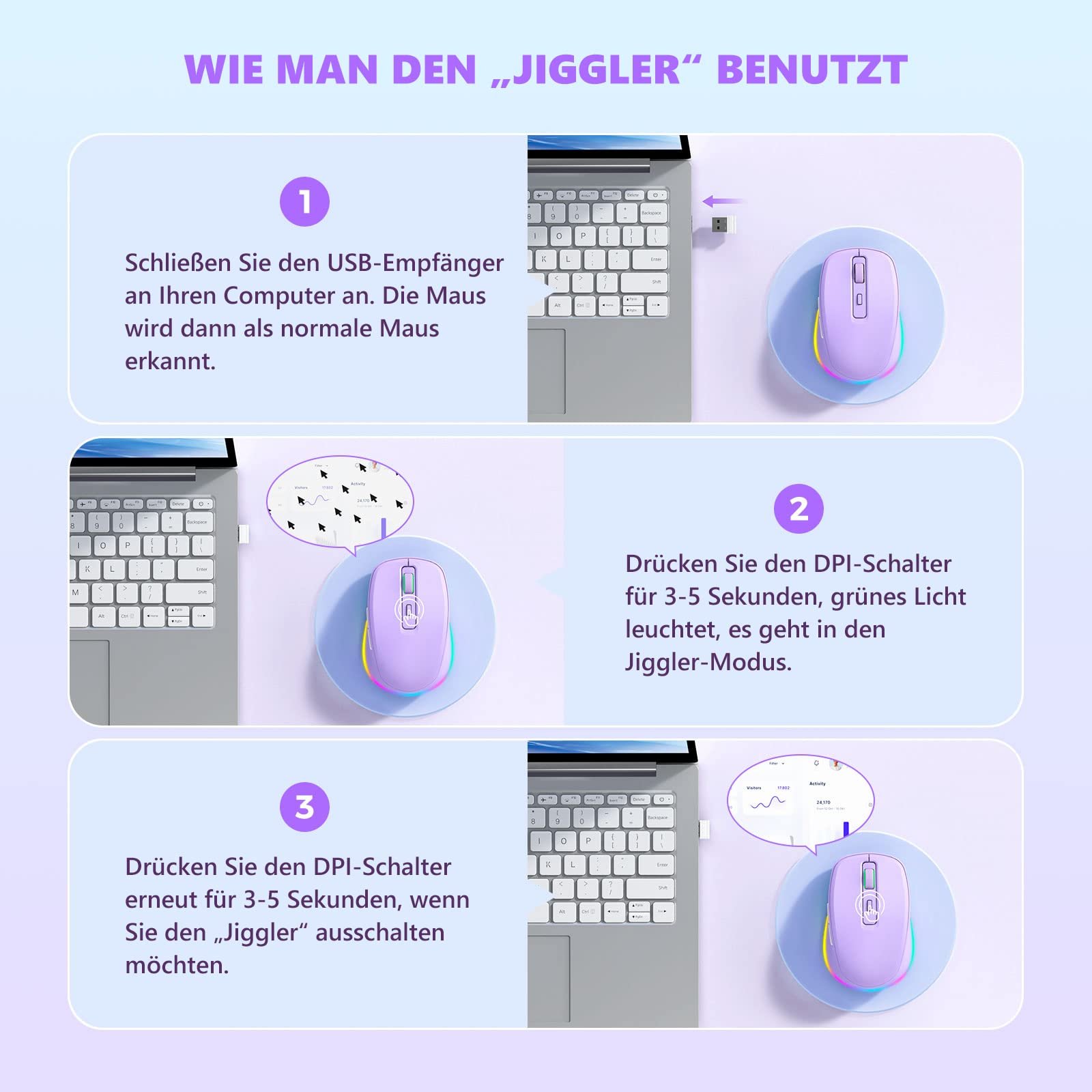 Мышь беспроводная Seenda LED, перезаряжаемая, с функцией Mouse Jiggler, тихая, 2.4G USB, для ноутбука, компьютера, DPI 2000, фиолетовая, фото №5