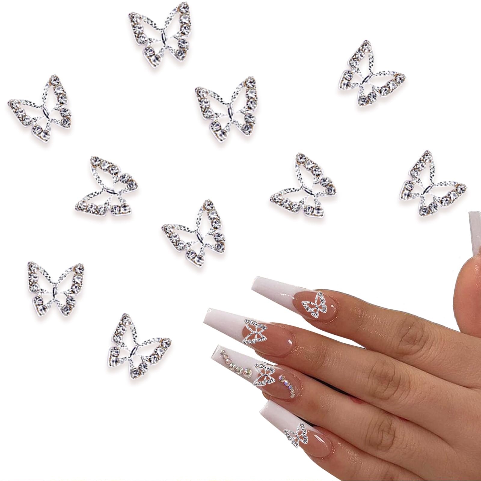 Подвески для ногтей Бабочки из сплава 10 шт серебристые металлические украшения для ногтей в форме бабочек хрустальные драгоценности для ногтей, фото №1