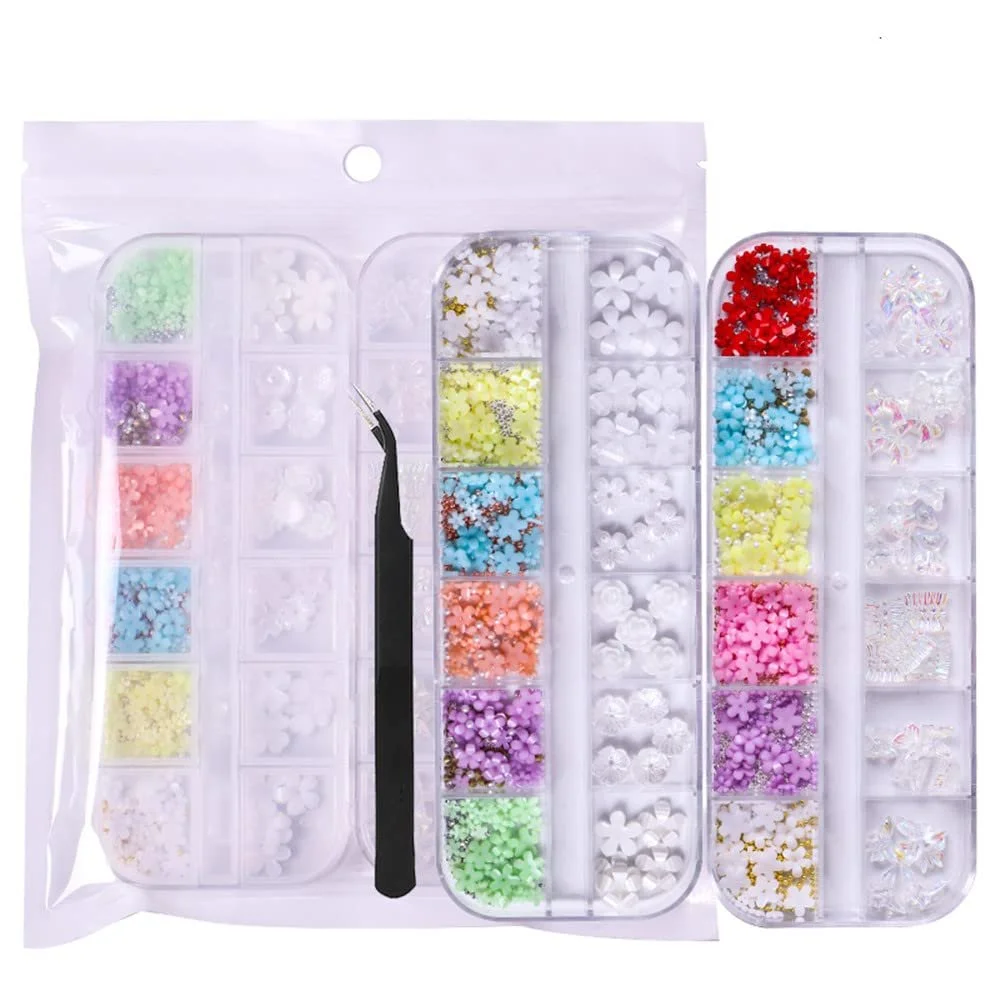 3D Цветок Жемчуг Блестки Наклейки для ногтей, 2 коробки, смешанный дизайн, стразы, аксессуары для ногтей, набор для дизайна ногтей, золото, серебро, белый, фото №3
