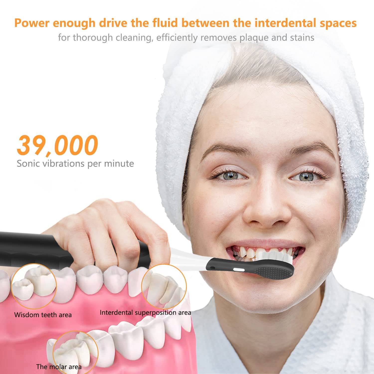 Електрична ультразвукова зубна щітка 39000 VPN Низький рівень шуму Акумулятор на 50 днів Чорна, фото №3