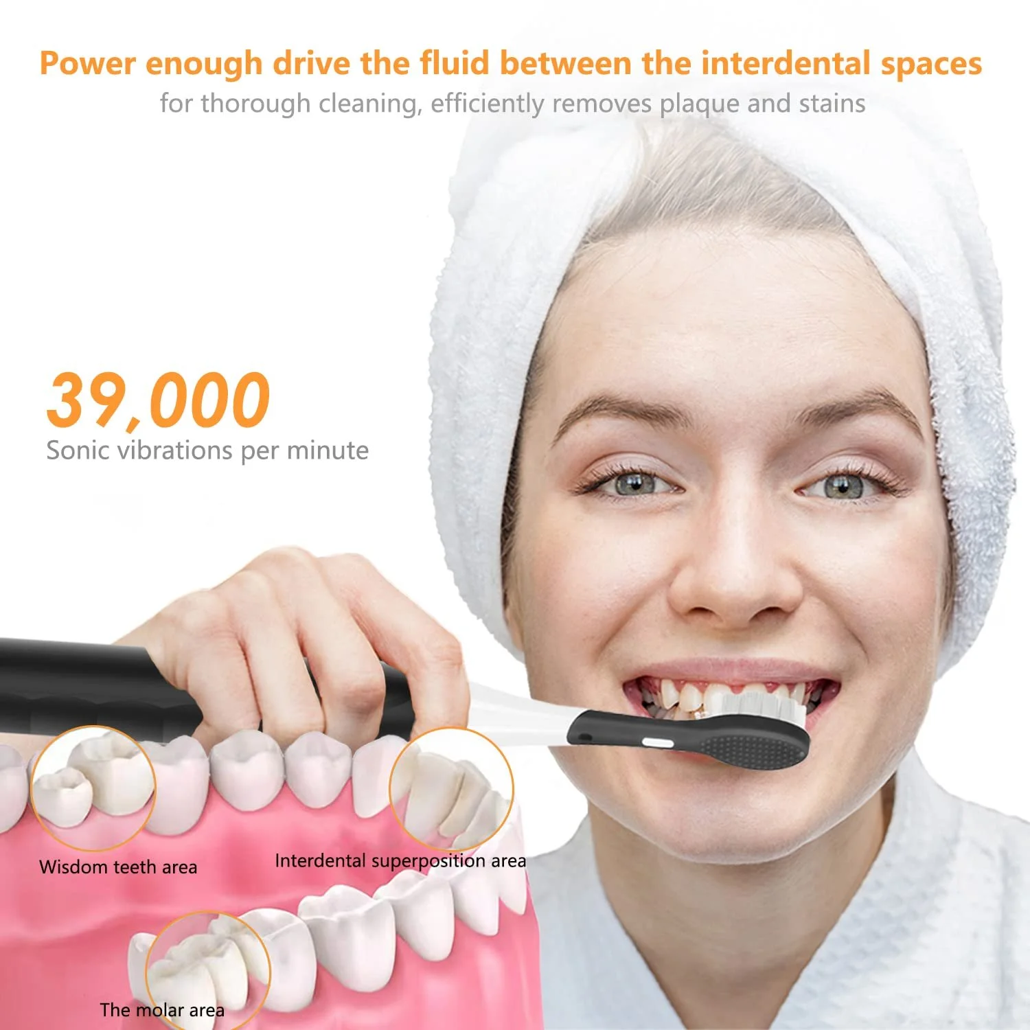 Электрическая ультразвуковая зубная щетка 39000 VPN Низкий уровень шума Аккумулятор на 50 дней Черная, фото №3