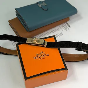 Женский замшевый ремень черный Hermes Kelly с золотой пряжкой - Фото 1