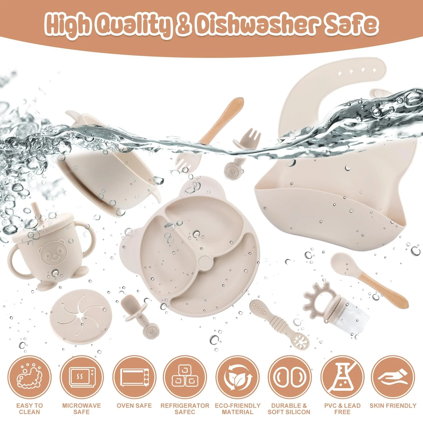 Набір дитячого силіконового посуду Feelhap, 13 предметів: дитяча тарілка з роздільниками та присоскою, дитяча миска з присоскою, силіконовий дитячий нагрудник, поїльник, фото №4