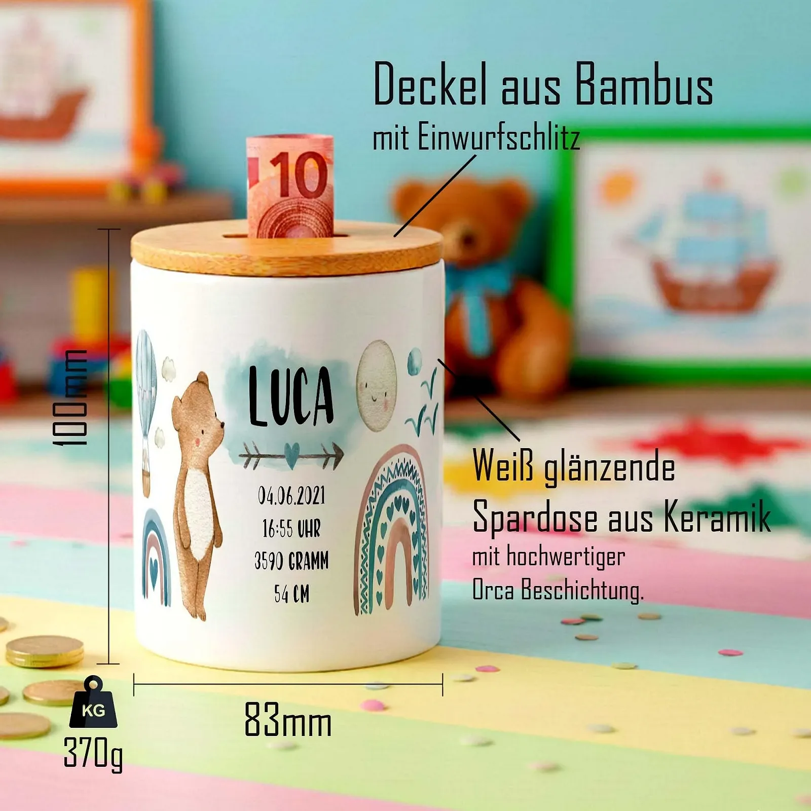 Скарбничка дитяча Ведмедик Дані про народження Персоналізована для хлопчиків, фото №3