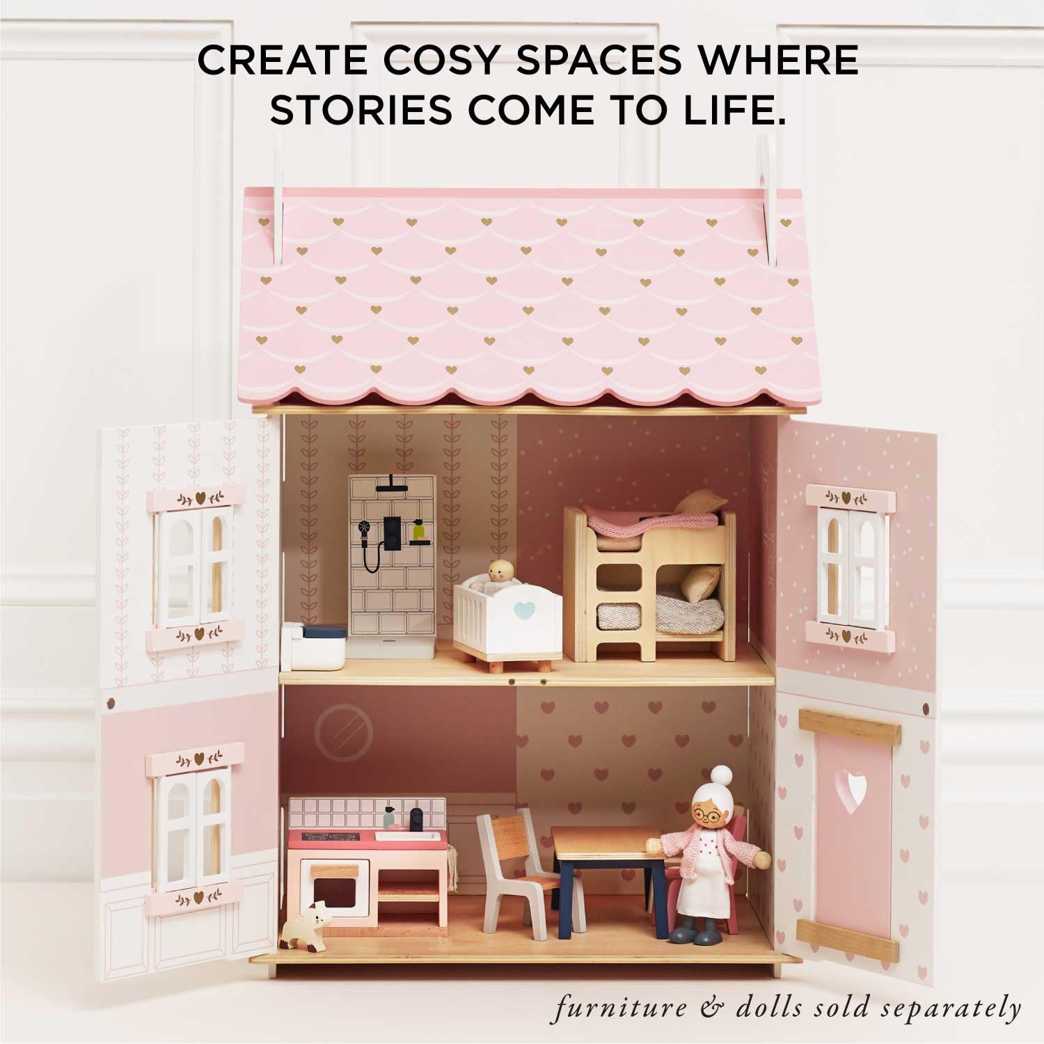 Кукольный домик Le Toy Van Rose Heart 3 года 2 уровня L 44 x D 36 x H 66 см деревянный для девочек с дверцами, окнами и ставнями, которые открываются, фото №7