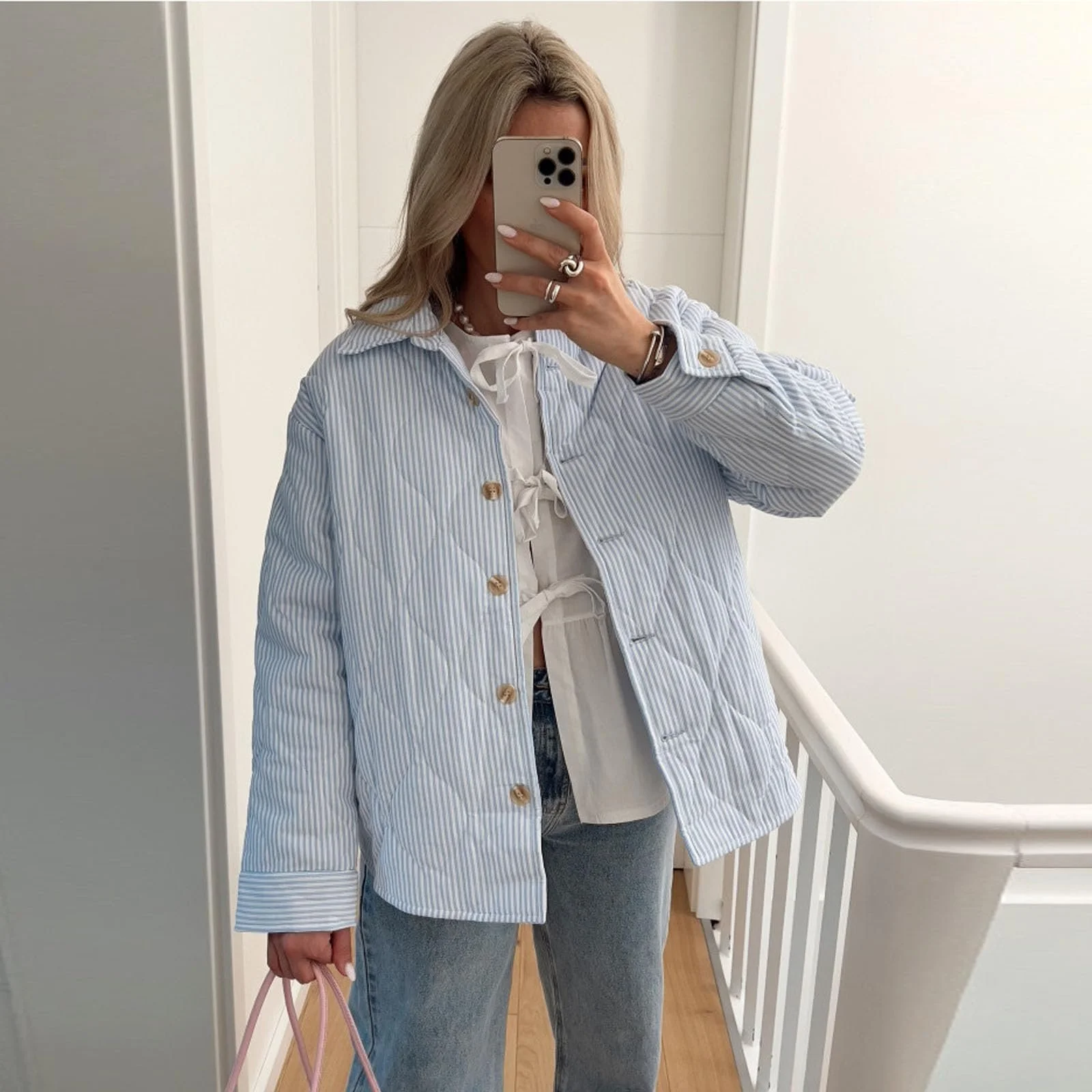 Куртка HKYFNNBW зимняя стеганая с воротником, на пуговицах, полосатая, фото №3