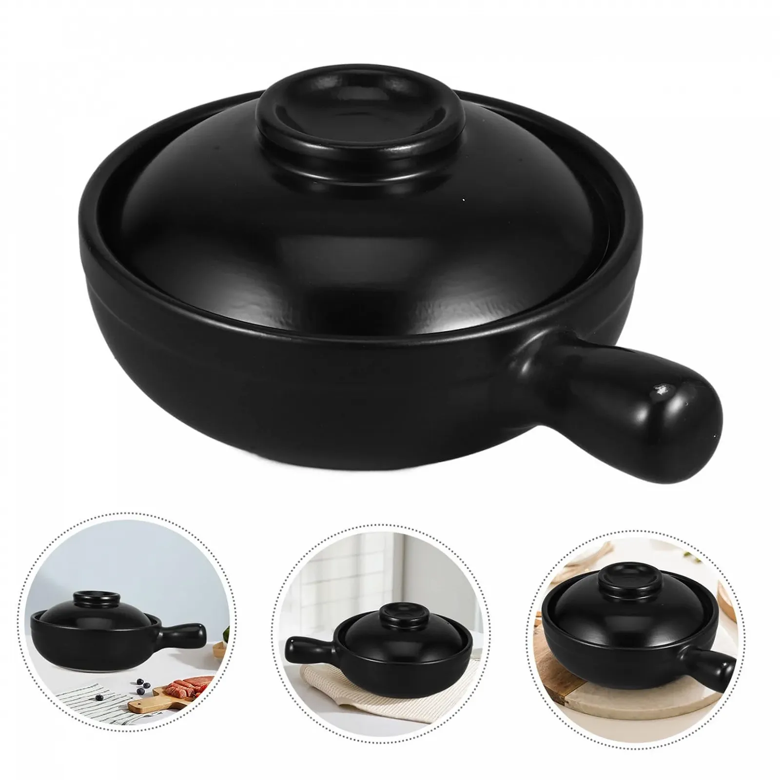 Глиняный горшок с крышкой Керамический для риса и тушения для плиты и микроволновой печи Универсальный, фото №7