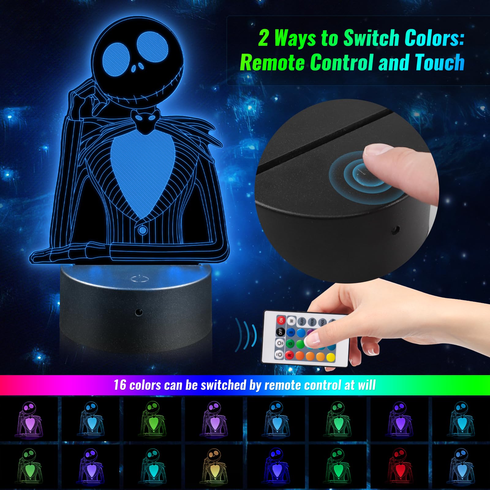Лампа 3D LED Moocuca з ілюзією, нічник з дистанційним керуванням, 16 кольорів, регульована яскравість, фото №3