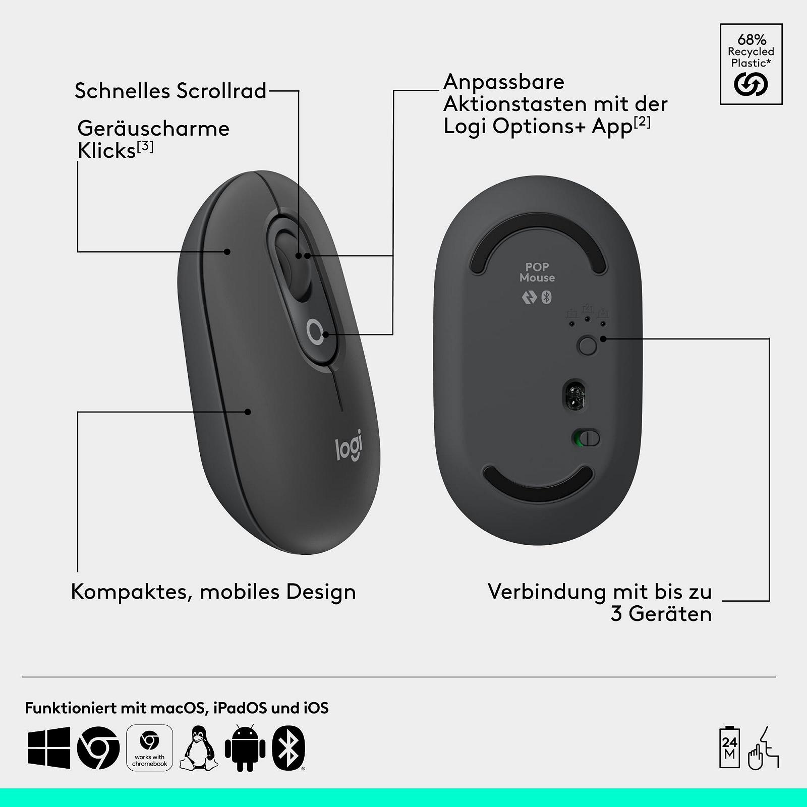 Миша Logitech POP Бездротова Bluetooth Компактна Мобільна з Програмованими Кнопками та Тихими Клацаннями, Graphite, фото №7