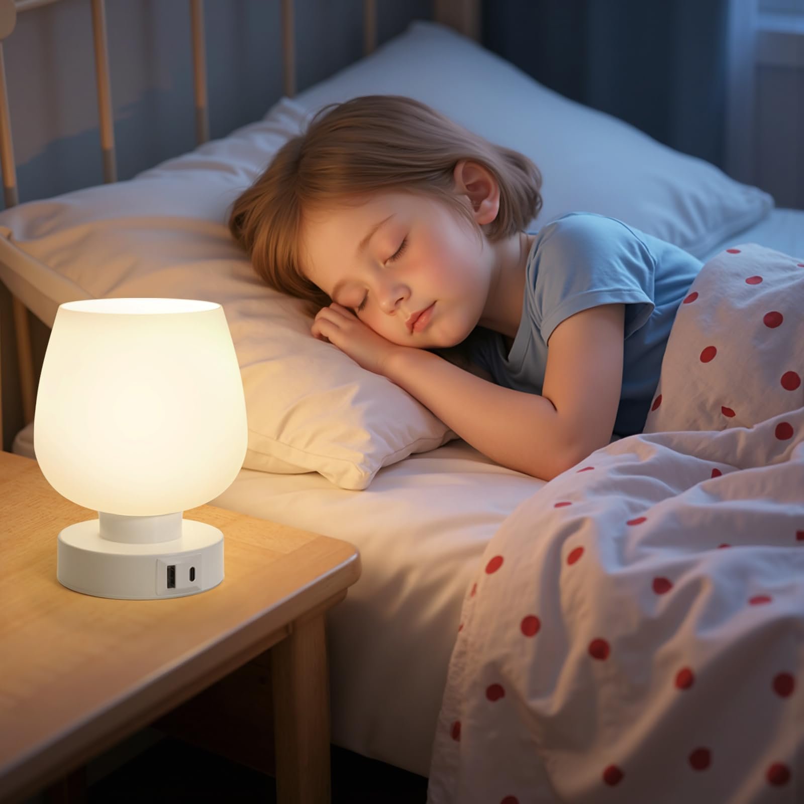 Настільна лампа PreeOtti сенсорна з регулюванням яскравості біла з роз'ємами USB A+C LED мала скляна з кабелем, фото №3