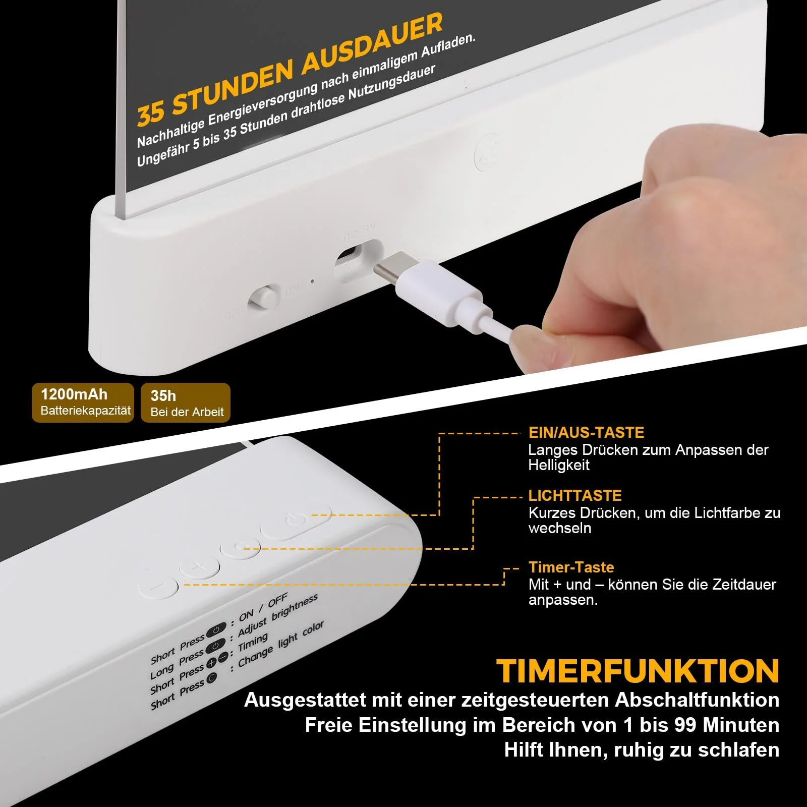 Лампа для книг LED портативна пласка 3 кольори світла таймер акумуляторна USB Біла, фото №5